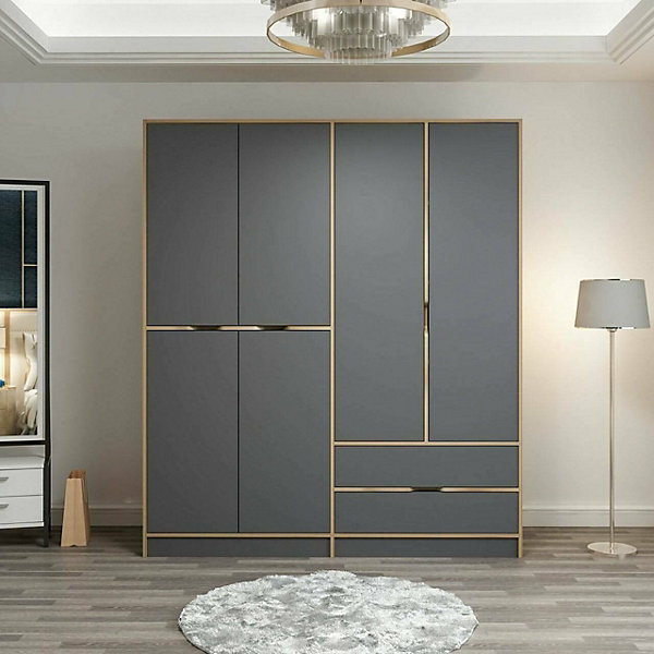 Grande Garde-robe Odalys, Meubles de chambre, Penderie de plain-pied, Placard à vêtements, 185x52 h208 cm, Noir et Or