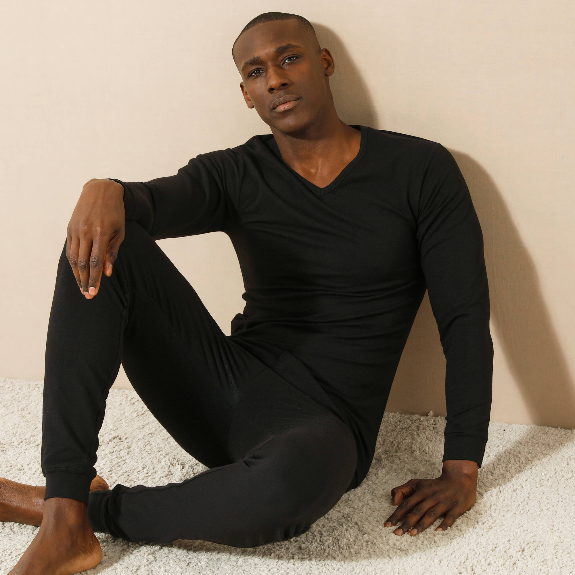 T-shirt sous-v&ecirc;tement homme col V manches longues chaleur modérée - lot de 2