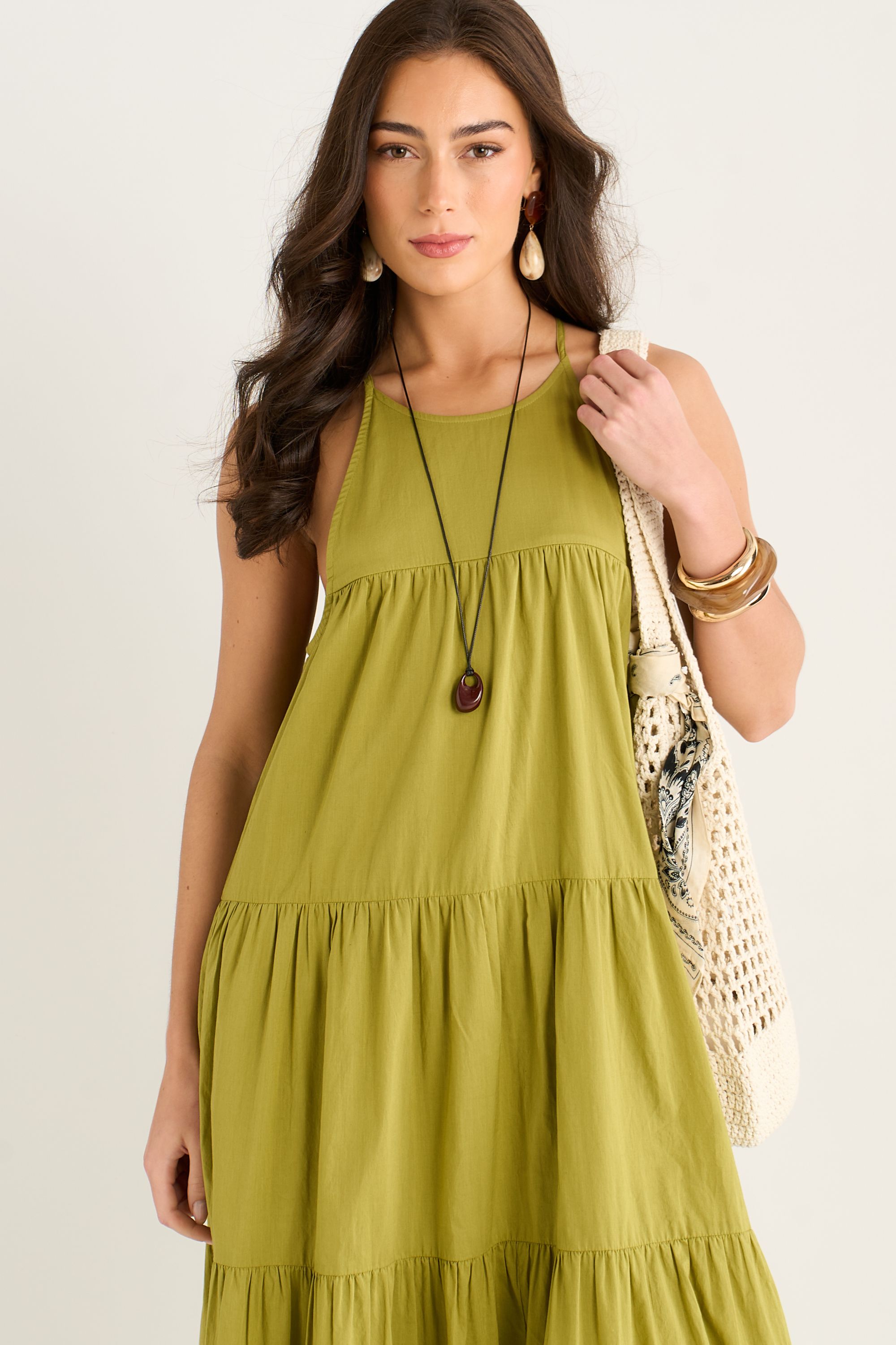 Gini London Khaki Tiered Halter Maxi Trapeze Dress