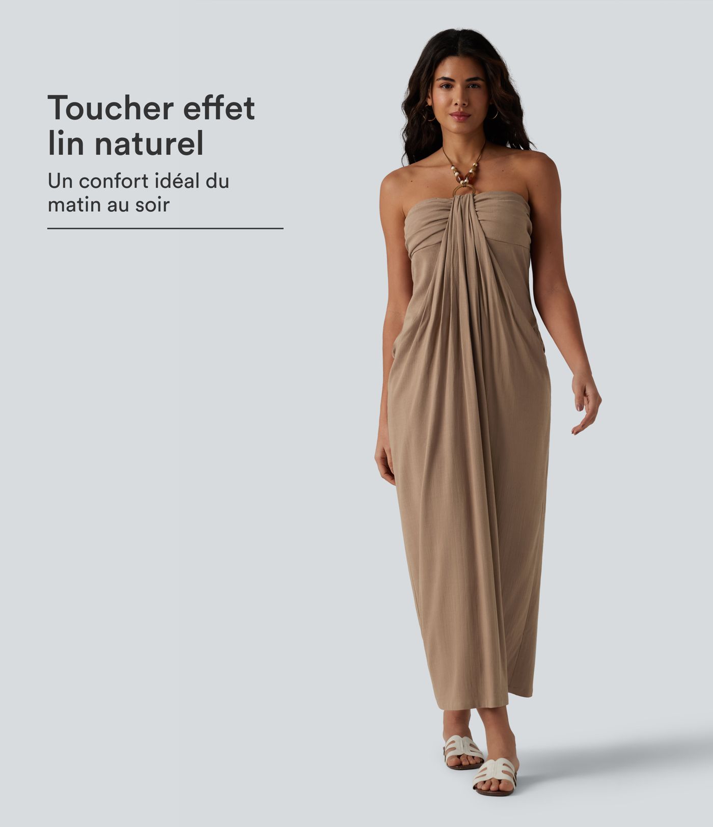 Robe longue estivale col licou dos nu avec lien soutien-gorge intégré aspect lin avec poches