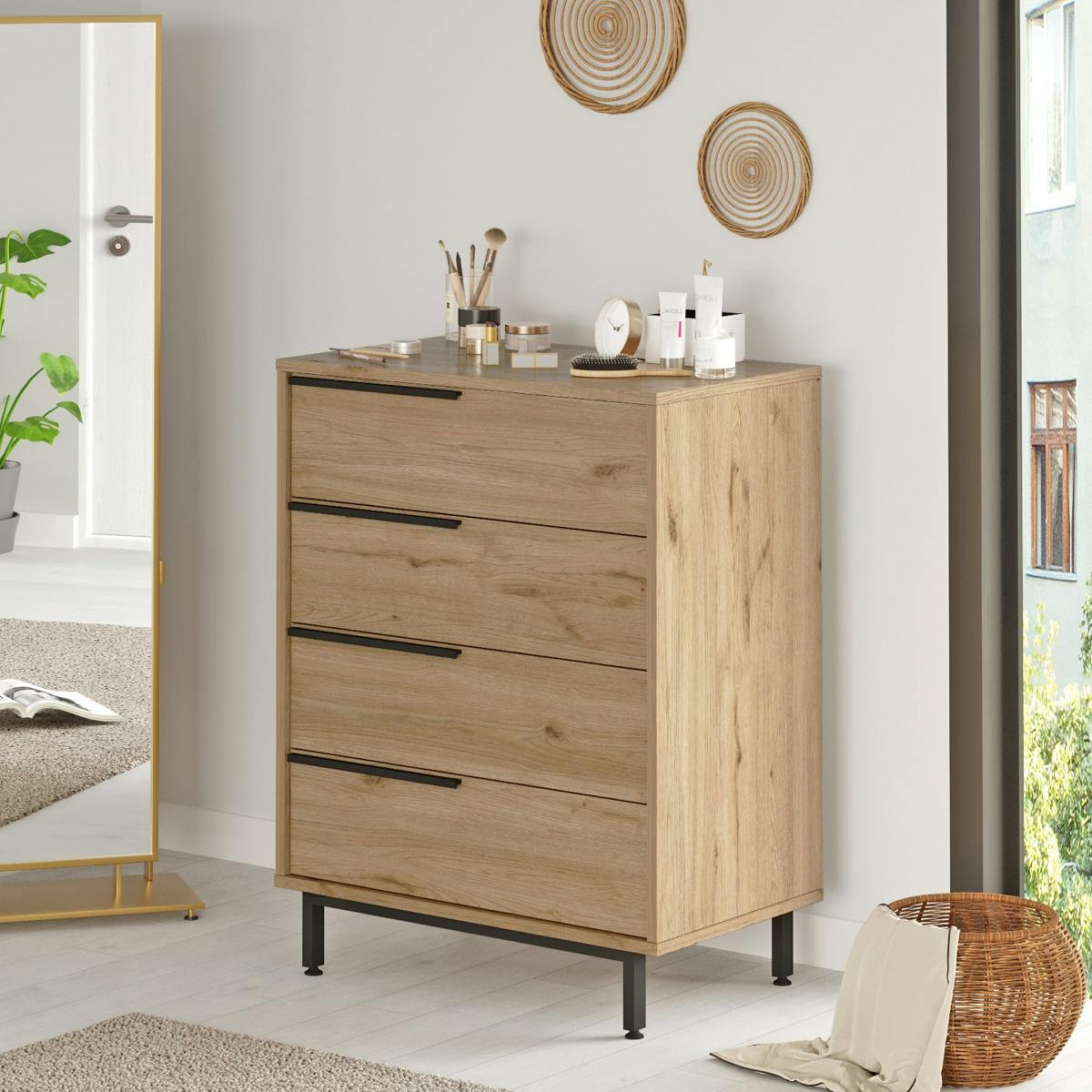 Commode rangement 4 tiroirs à détails noirs, effet bois JENA