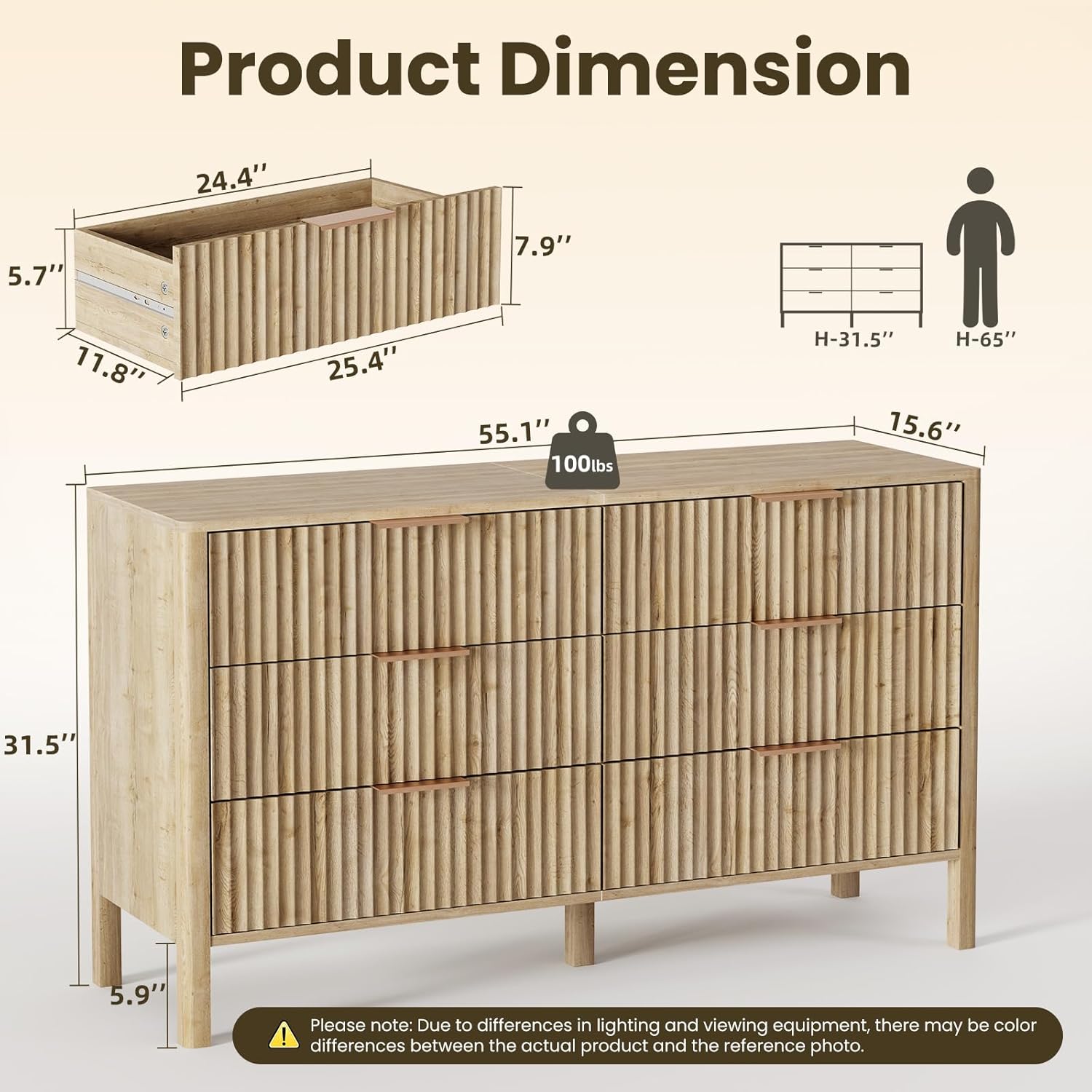 55 Wide Fluted 6 Drawer Dresser for Bedroom, Wooden Dresser Modern Chest of Drawers TV Stand Dressers with Organizer Storage for Bedroom, Living Room, Entryway, Hallway, Oak