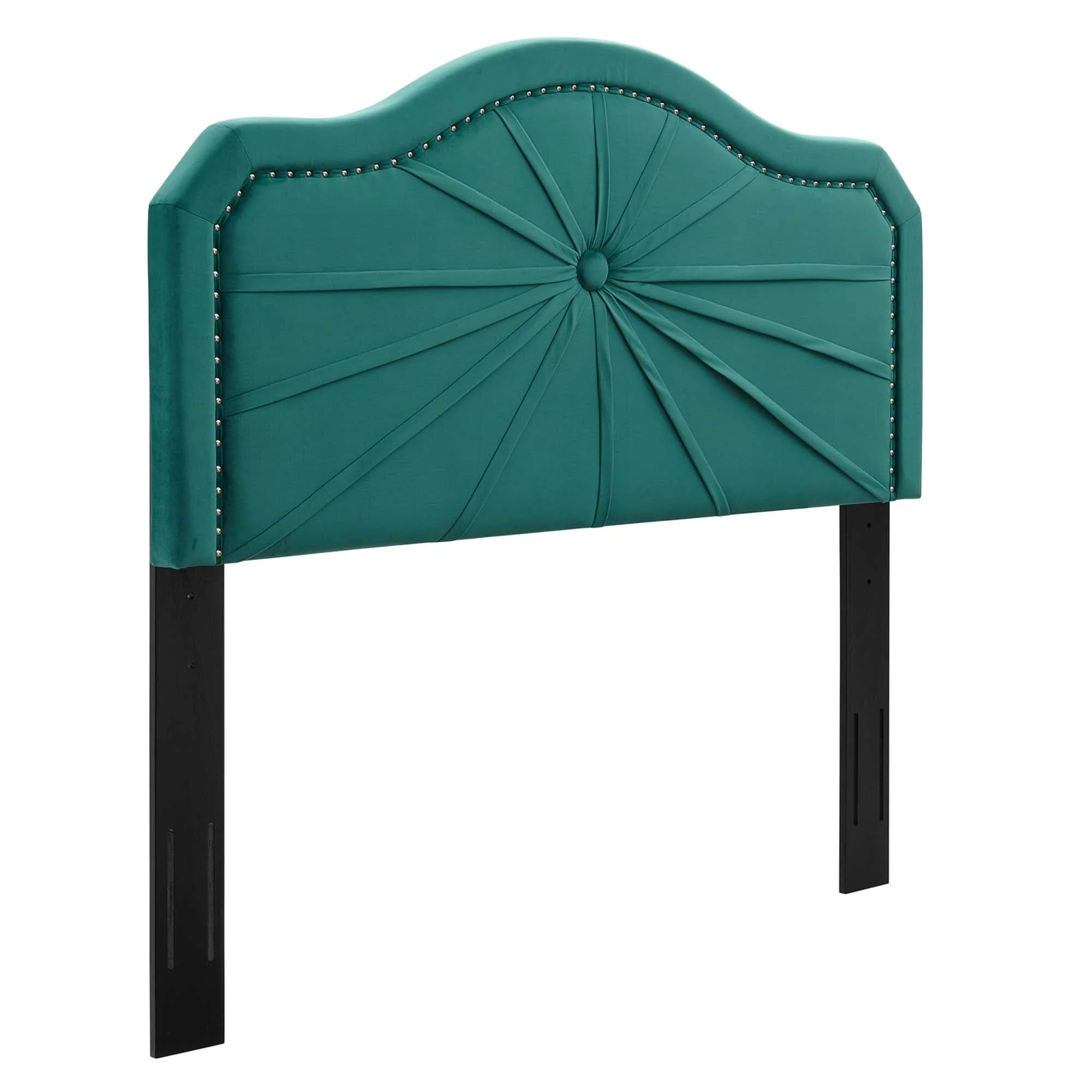 39 Inch Velvet Twin Headboard, Pleated Design, Nailhead Trim, Teal Green
