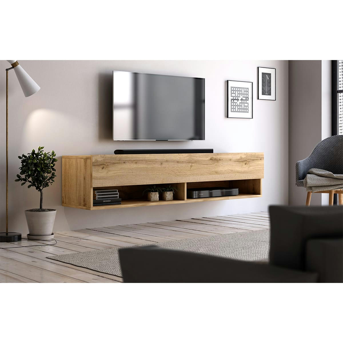 DERBY 140 - Meuble tv mural 1 porte 140 cm naturel