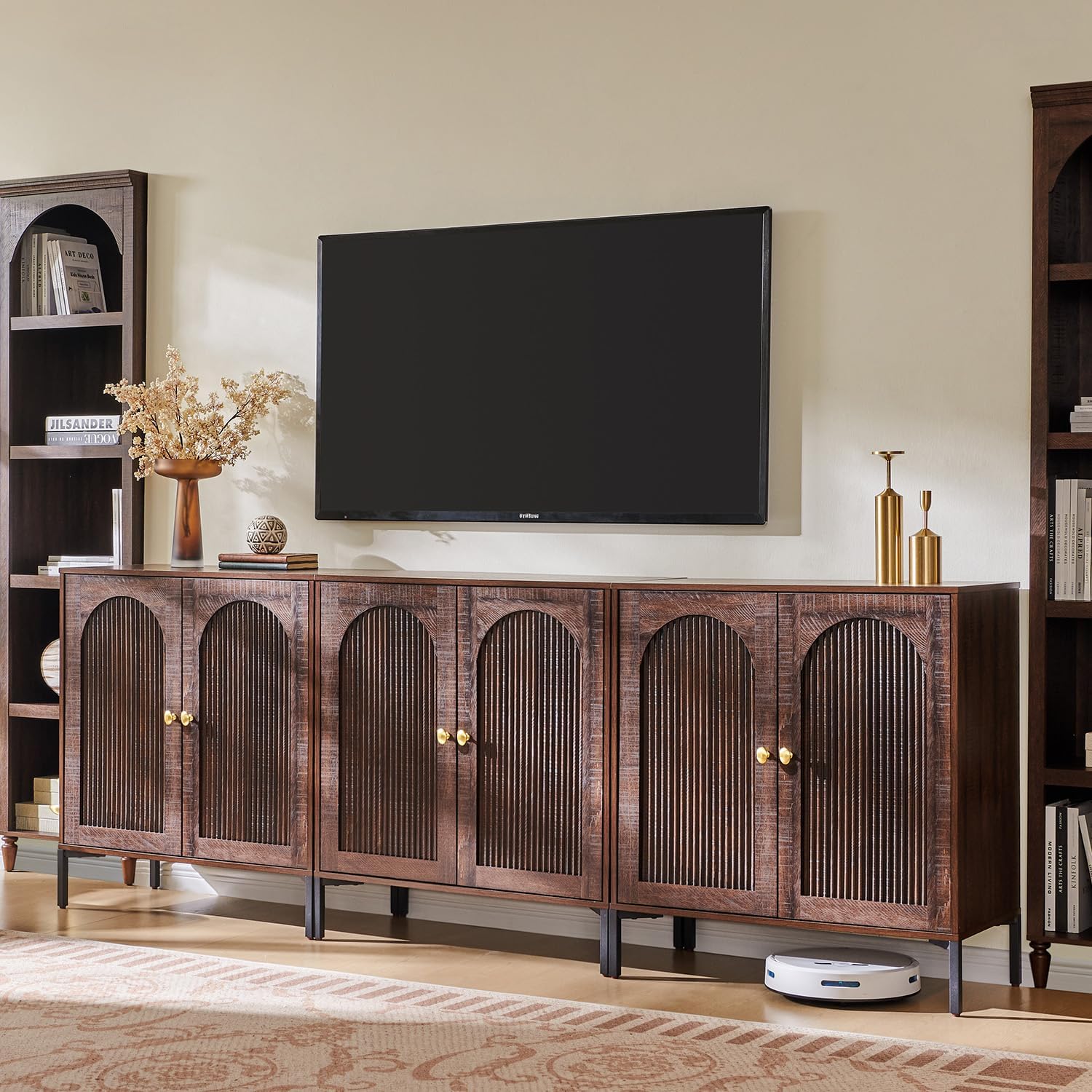 Modern TV Stands for 80 Inch TVs, 92.63 W Wood Entertainment Center w/Adjustable Shelves, Mid Century Modern TV Stand w/Arched Fluted Doors, Media Console Cabinet for Living Room, Brown