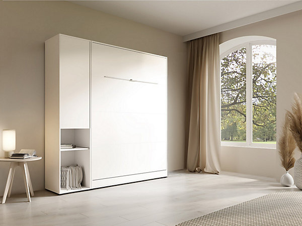 Lit escamotable vertical 140 x 200 cm - 1 colonne de rangement - Avec LEDs - Blanc   Matelas - RAPILI