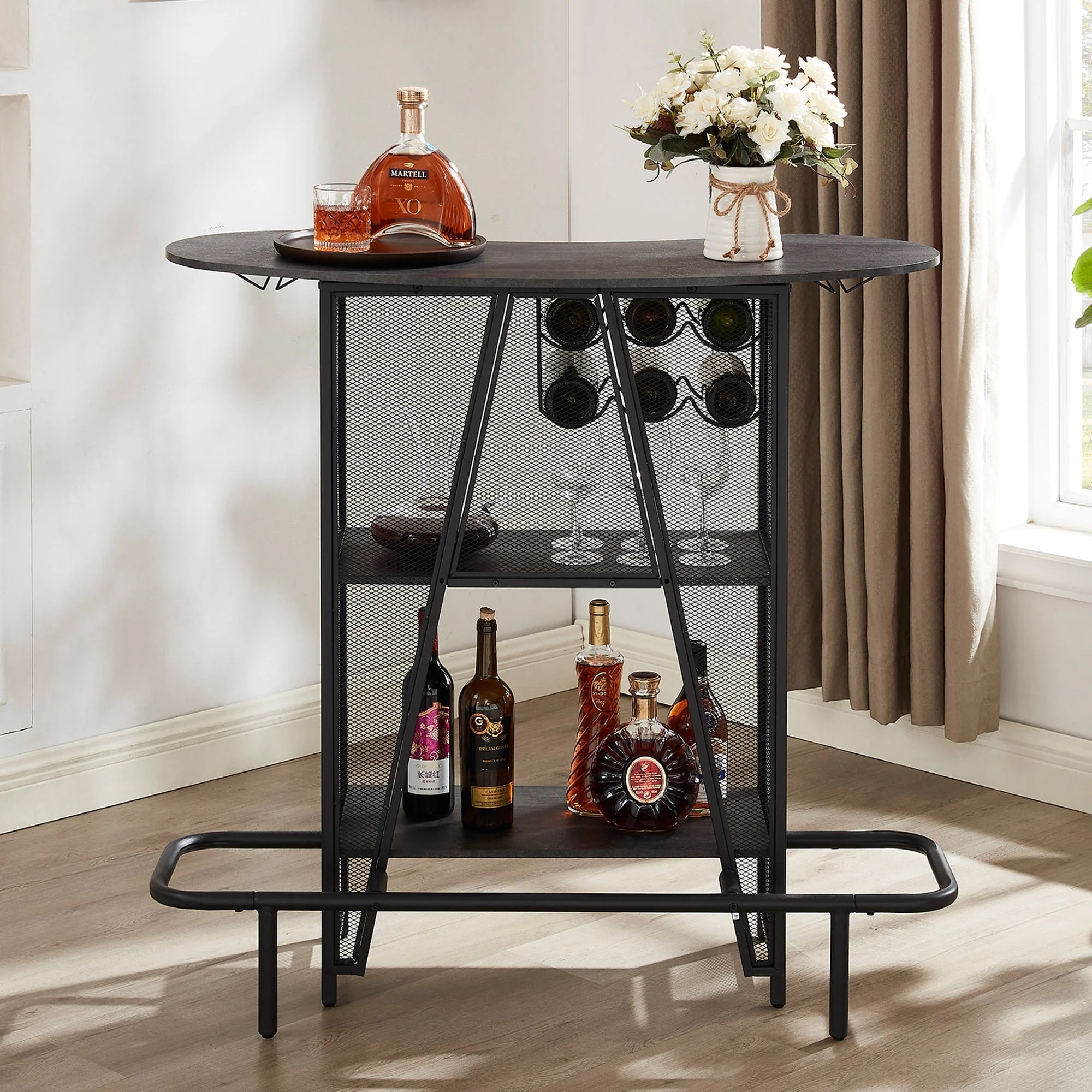 VECELO Bar Unit Bar Cart with Metal Mesh Front, 3-Tier Wine Rack with Glasses Holder