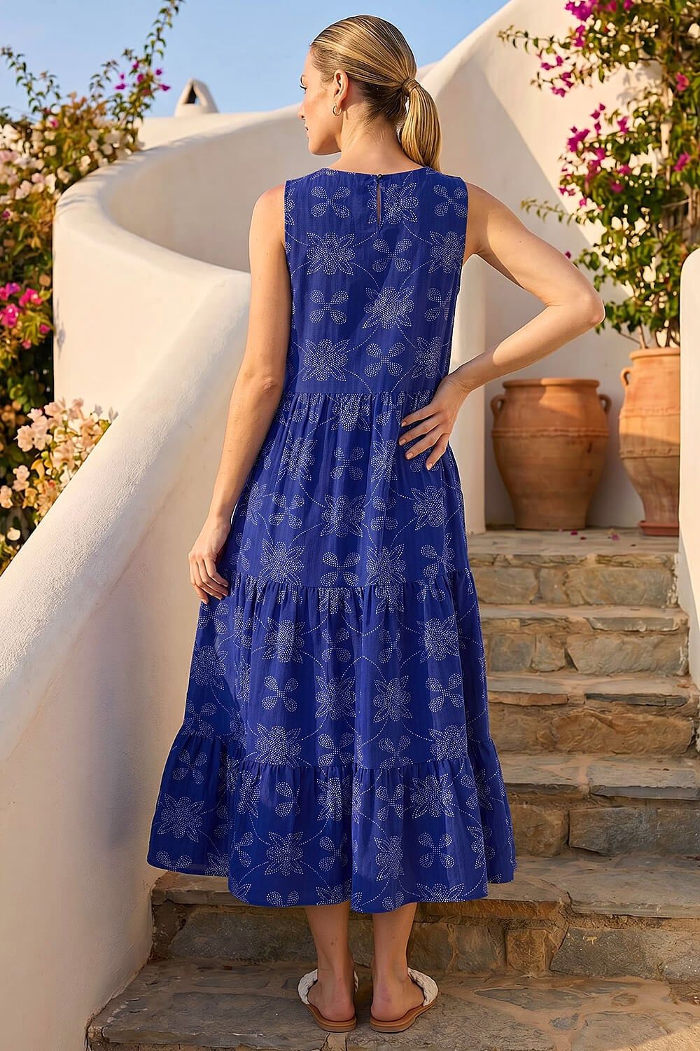 Roman Floral Motif Tiered Midi Dress