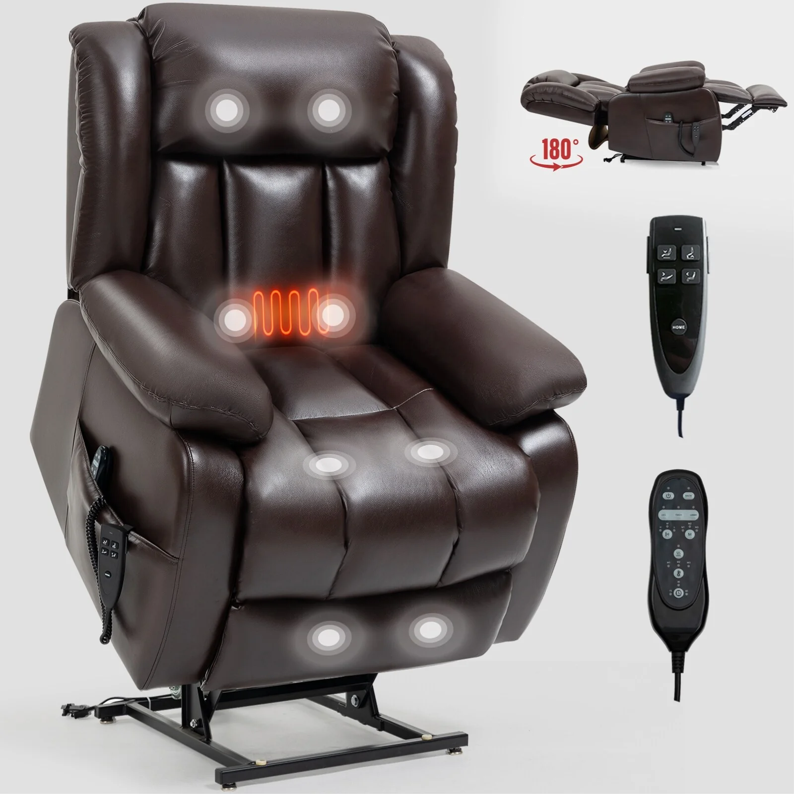 Medium-Sized Electric Power Lift Recliner Chair in Genuine Leather with Dual Motors, 8-Point Massage, Lumbar Heating