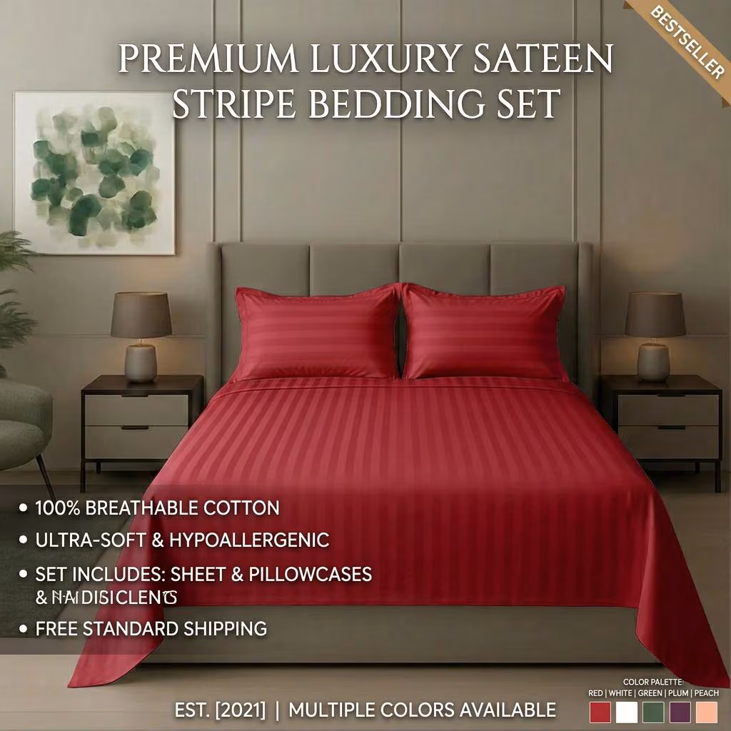 Luxury Cotton Sateen Striped Bedding Set | Hotel-Style Soft Sheets & Pillow Covers