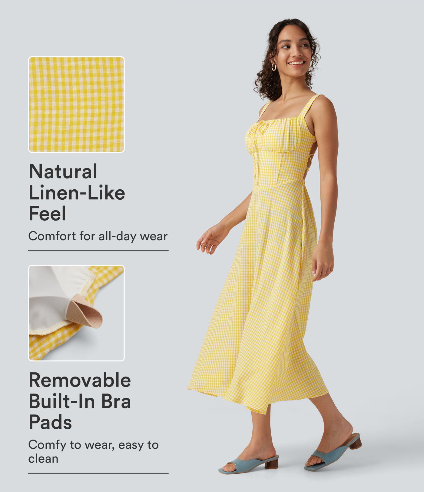 Robe midi fluide style vacances effet lin à motif tartan, encolure carrée, dos nu croisé et corset