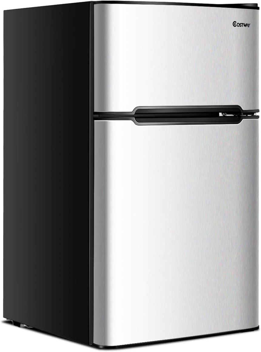 COSTWAY Mini Fridge with Freezer, 3.2 Cu.ft. 2-Door Mini Freezer Cooler Fridge w/ Reversible Door, Removable Glass Shelves, Mechanical Control, Small Refrigerator for Bedroom, Dorm, Office (Grey)
