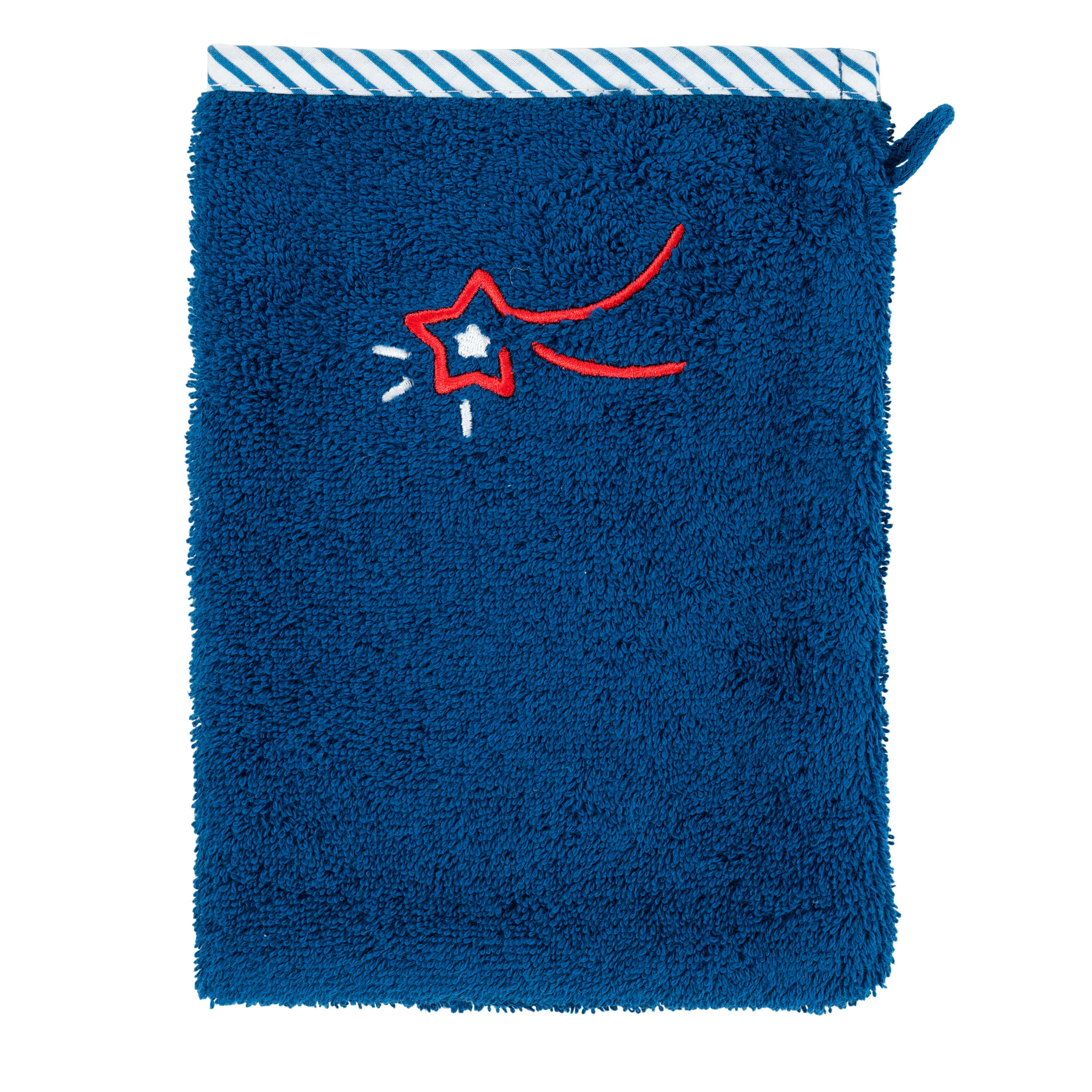 PTITCHIC - Gant de toilette coton biologique brodé bouclette bleu 15 x 21 cm