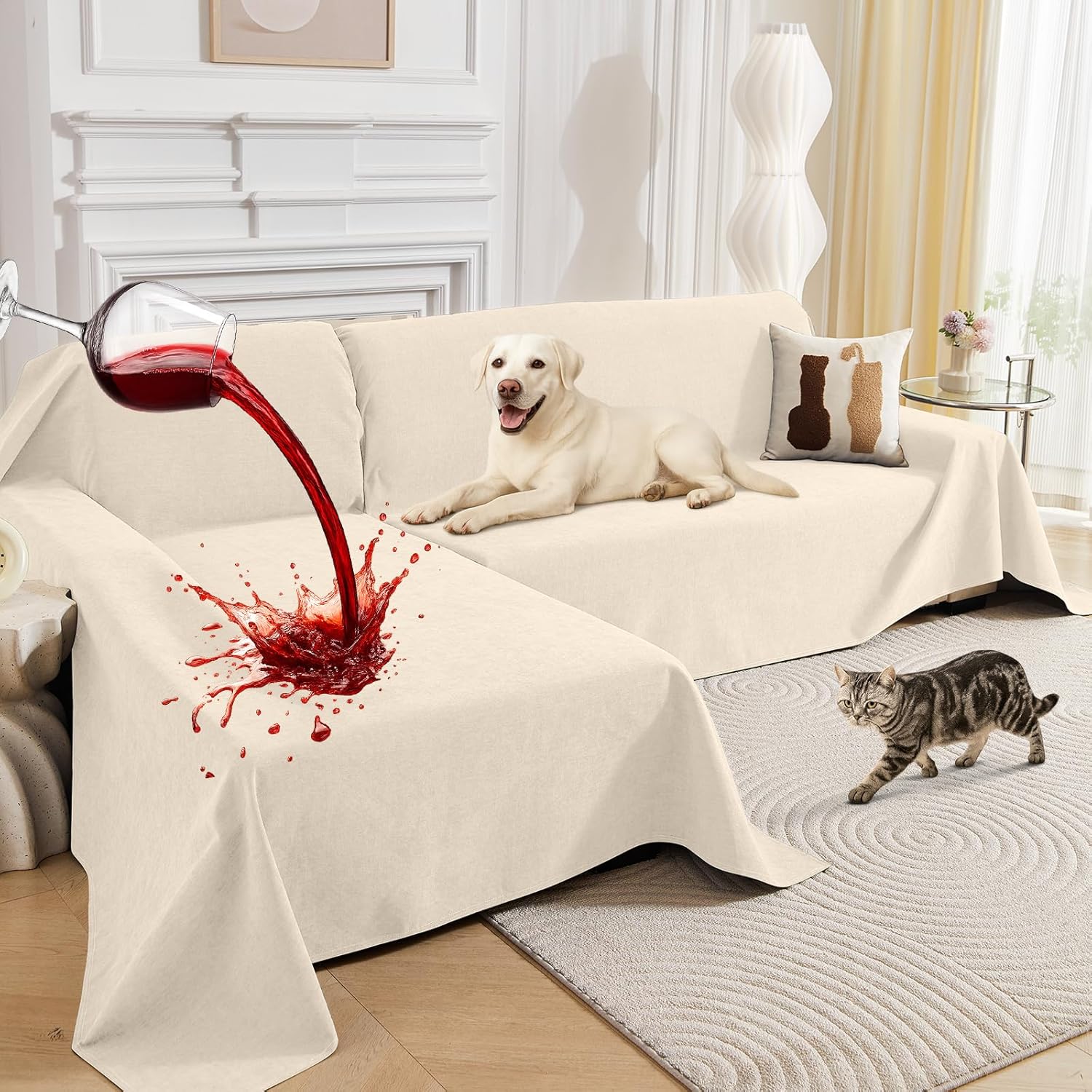Deep Dream Sectional Couch Covers, 2 Pieces 100% Waterproof L Shaped Sofa Cover, Non Slip Couch Cover for Dogs Cats Washable, Pet Friendly Sofa Slipcovers Furniture Protector (X-Large, Beige)