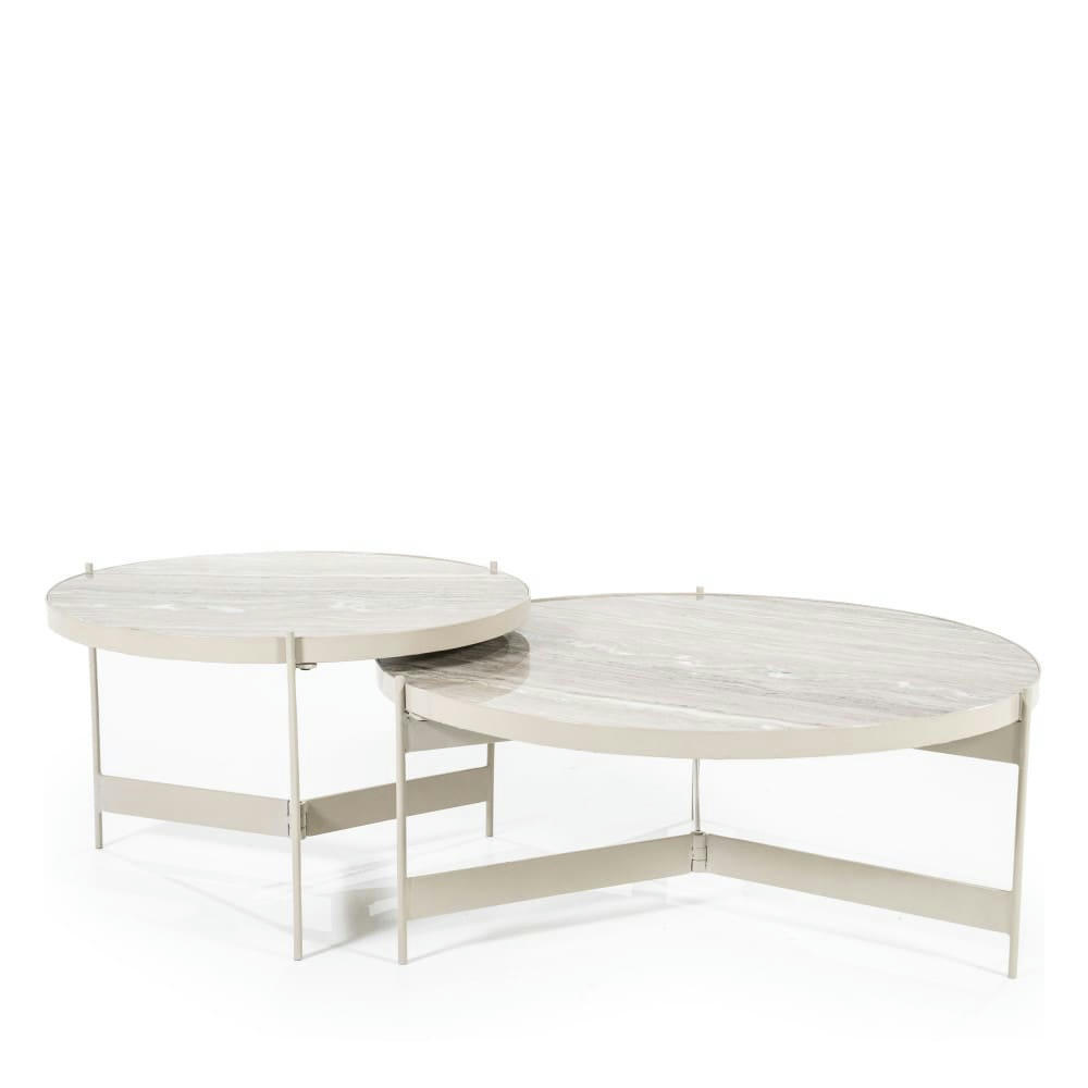 SIB - Lot de 2 tables basses rondes en marbre et métal blanc ivoire