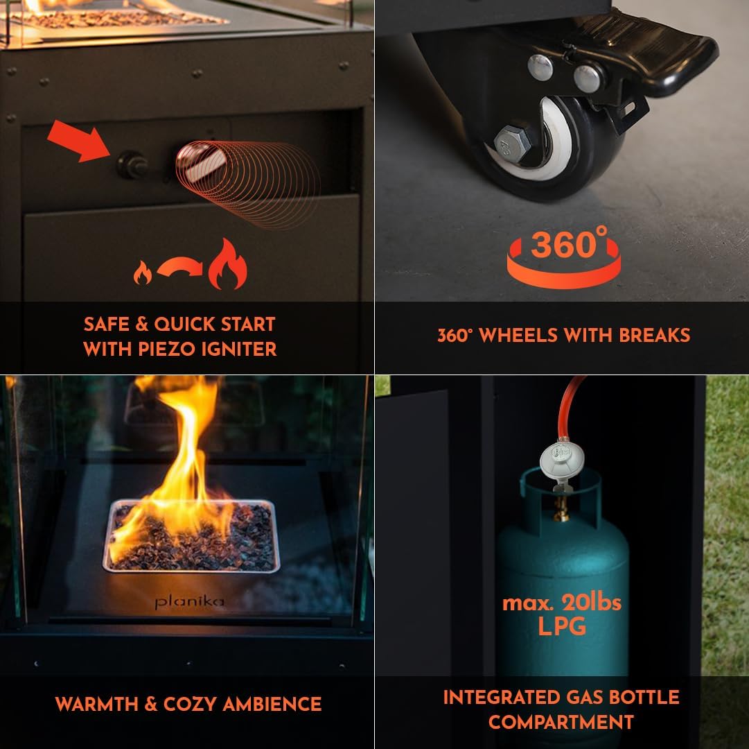 Planika Faro 41 000 BTU Propane Patio Heater 59 Modern Freestanding Glass Tower with Wheels  Smokeless 360° Flame  Cover & Regulator Included for Commercial & Residential Outdoor Spaces