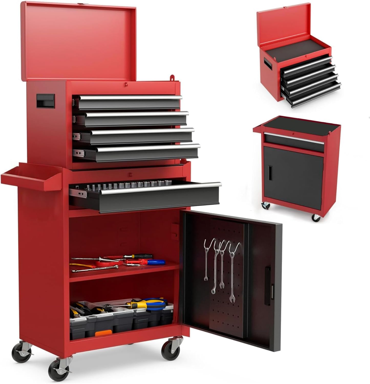 5 Drawers Tool Cart on Wheels with 1 Cabinet, Multifunctional Removable Rolling Tool Chest Storage Set, Tool Trolley Organizer Tool Box for Garage,Warehouse,Workshop,Repair Shop (Red)