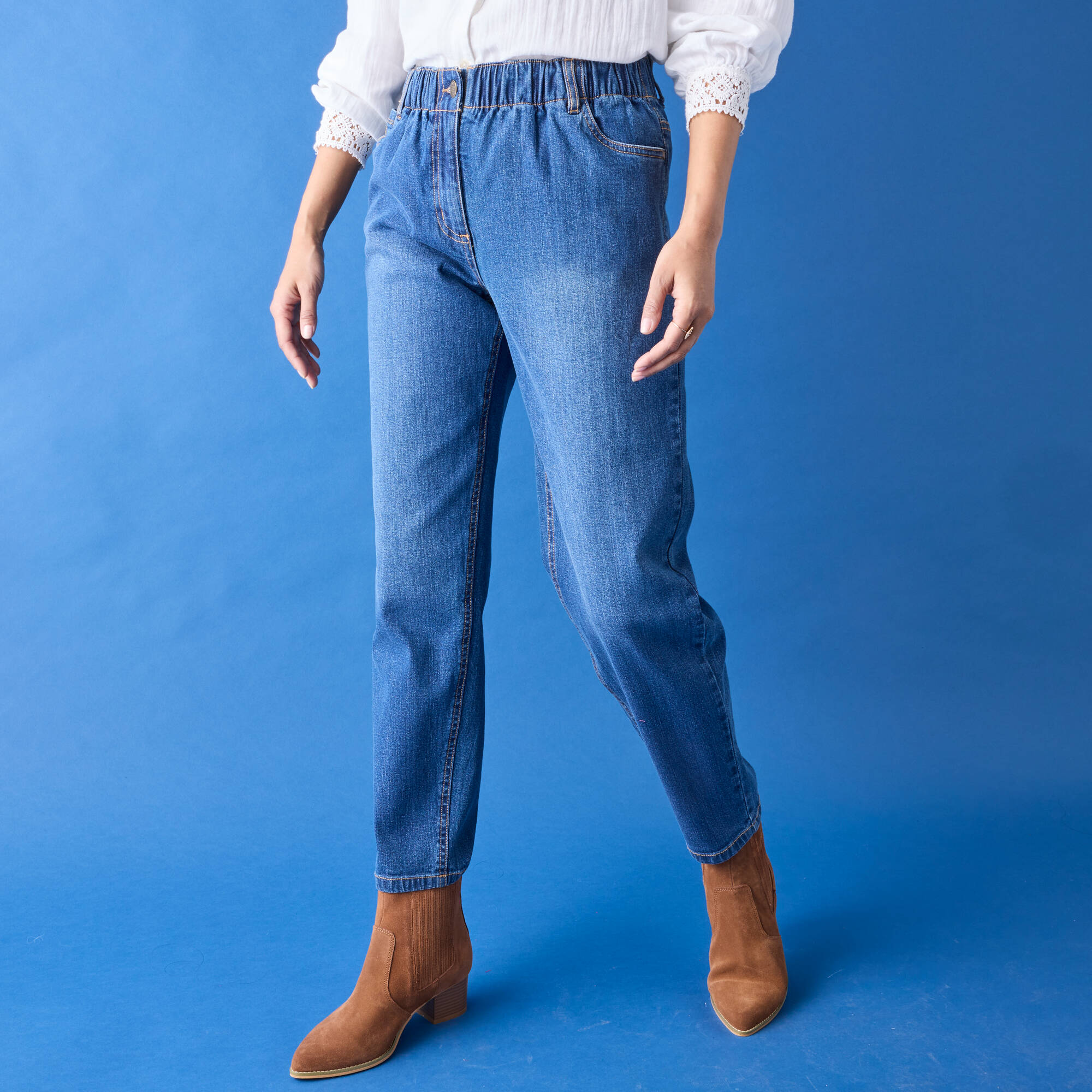 Jean stretch coupe mom confort, taille élastiquée