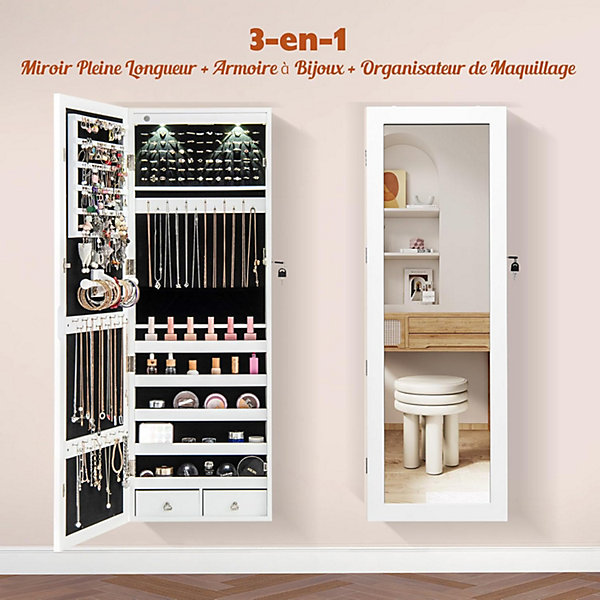 Armoire à Bijoux Murale avec Lumières LED et Miroir,avec Miroir Plein Longueur sur le miroir, avec Serrure et Clés (Blanc)