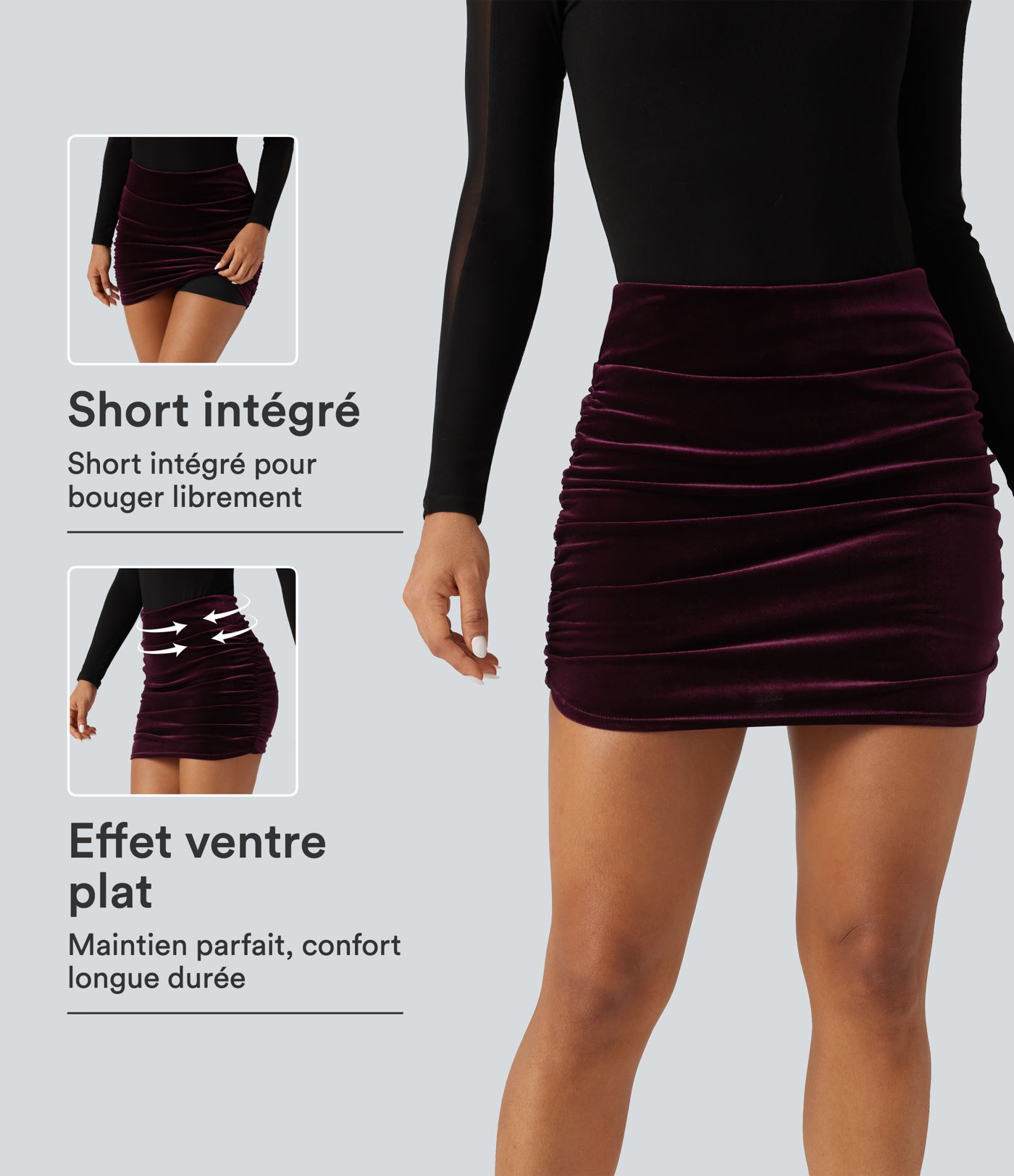 Jupe-short de soirée mini moulante en velours, gainante, taille haute et à fronces