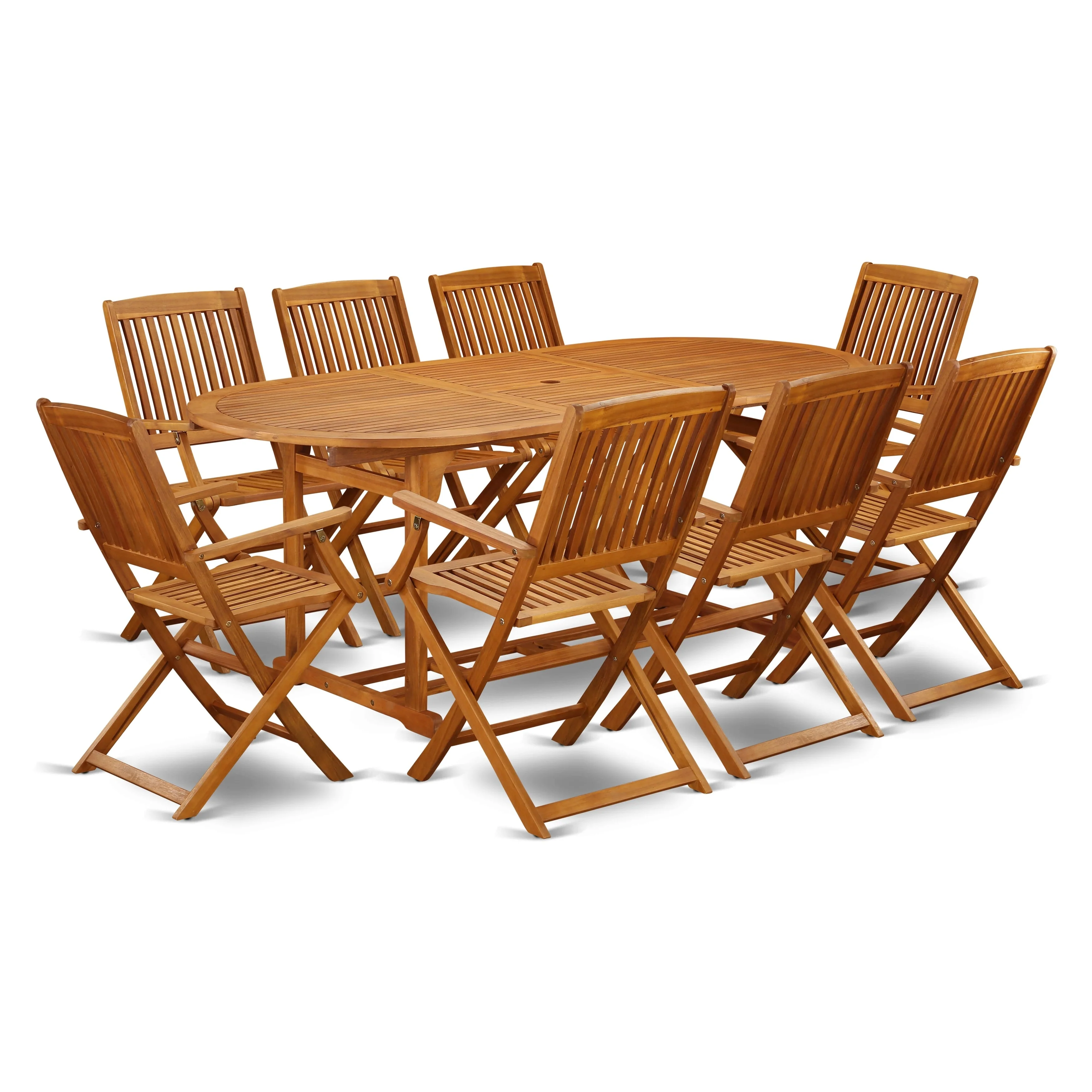 East West Furniture Outdoor Patio Dining Sets- an Oval Acacia Wood Table and Folding Arm Chairs, Natural Oil (Pieces Options)