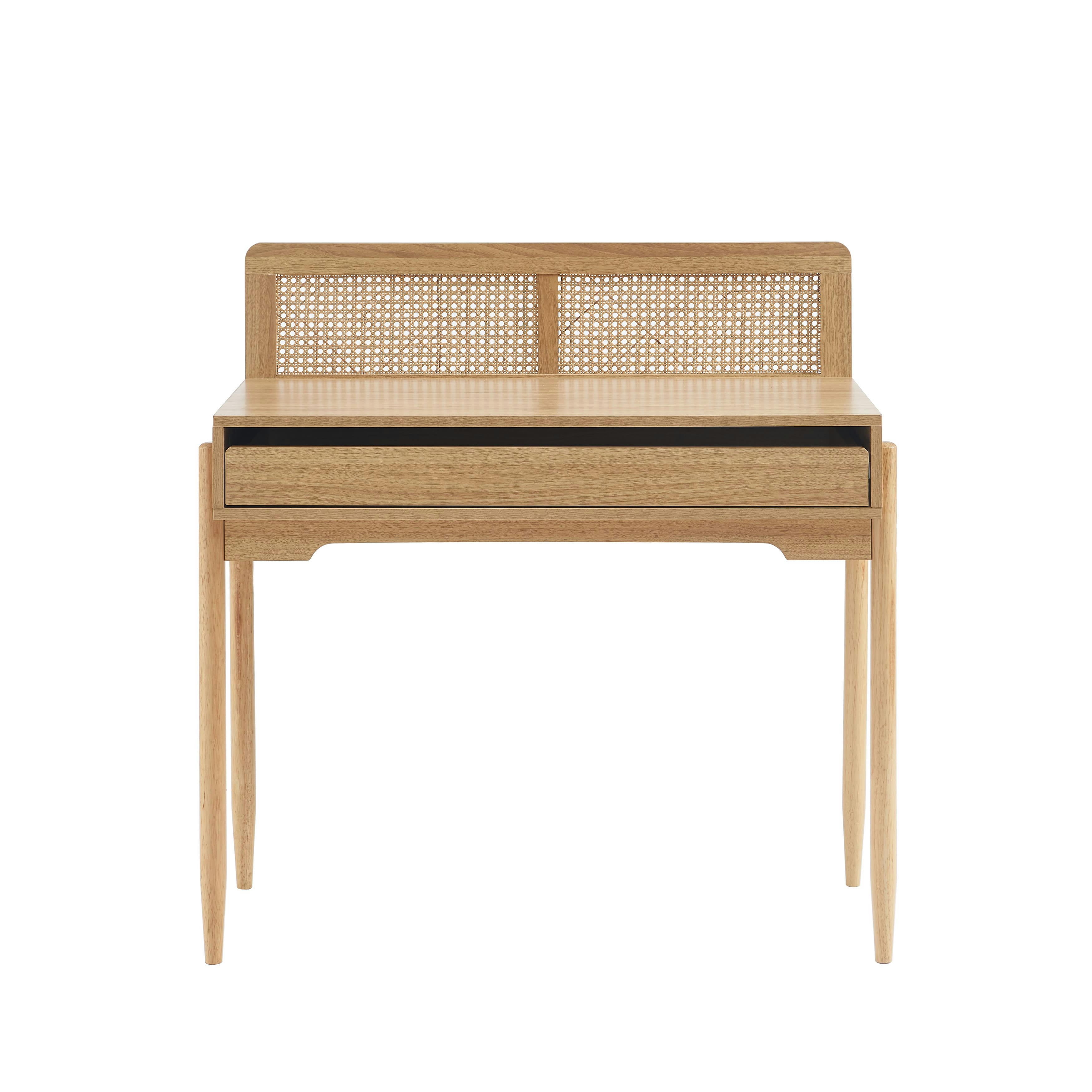 PABLO - Bureau  cannage rotin et effet bois 1 tiroir