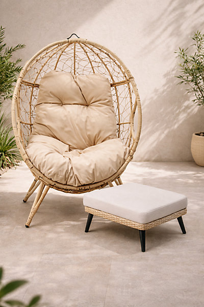 Ensemble d'extérieur : fauteuil suspendu effet rotin et repose-pieds avec coussin beige - JANE