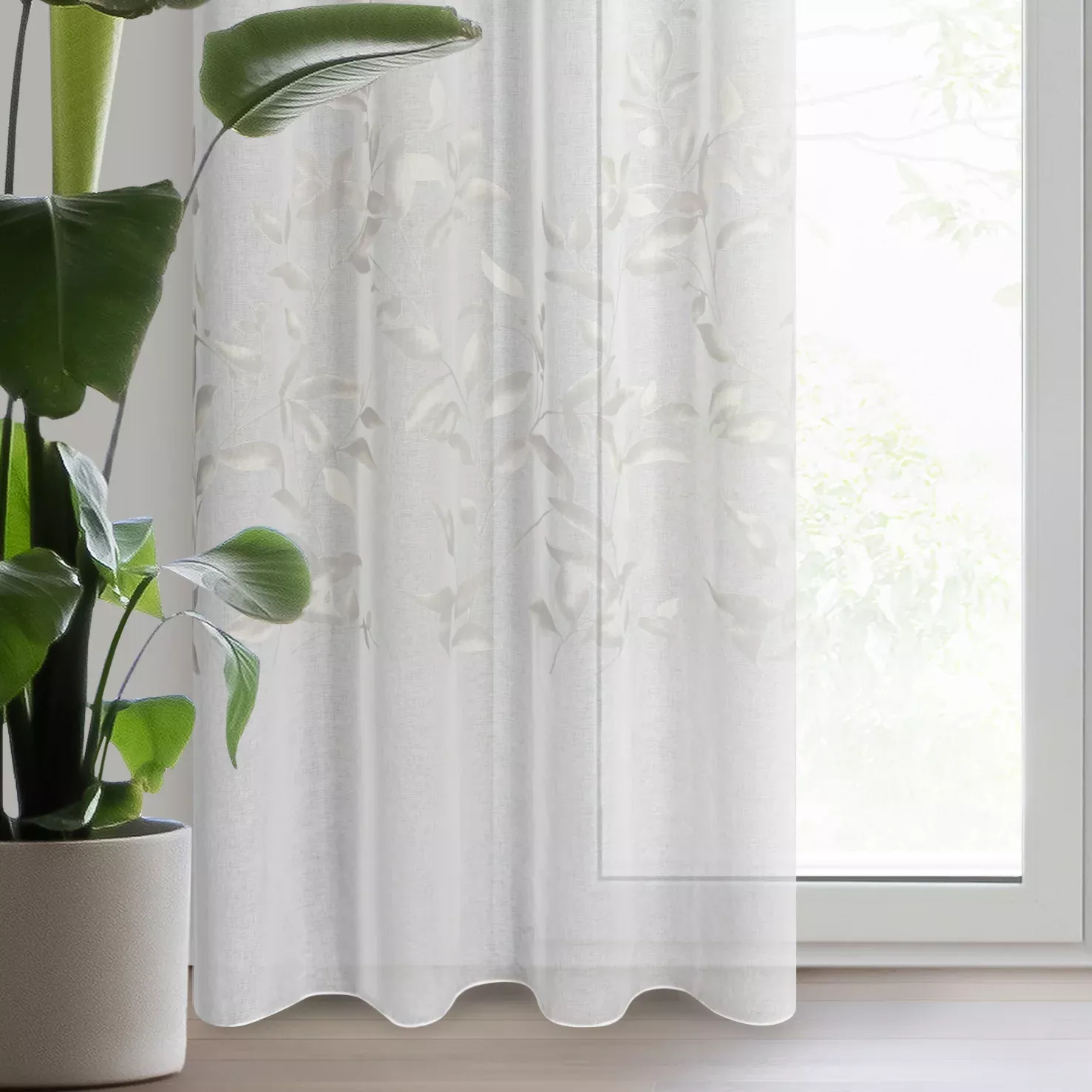 Firana biało, srebrna z etaminy zdobiona motywem roślinnym 140x250 cm przelotka ESTELLA