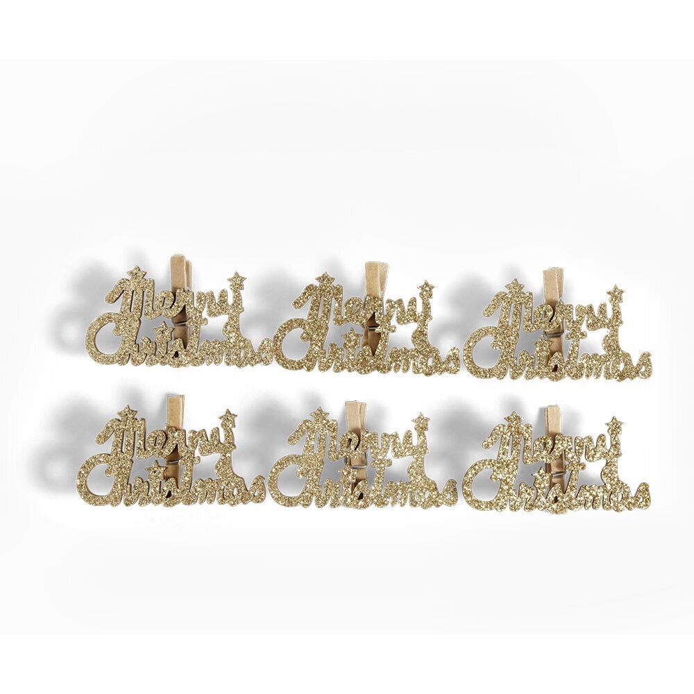 Pince de décoration flocon Merry Christmas doré x6