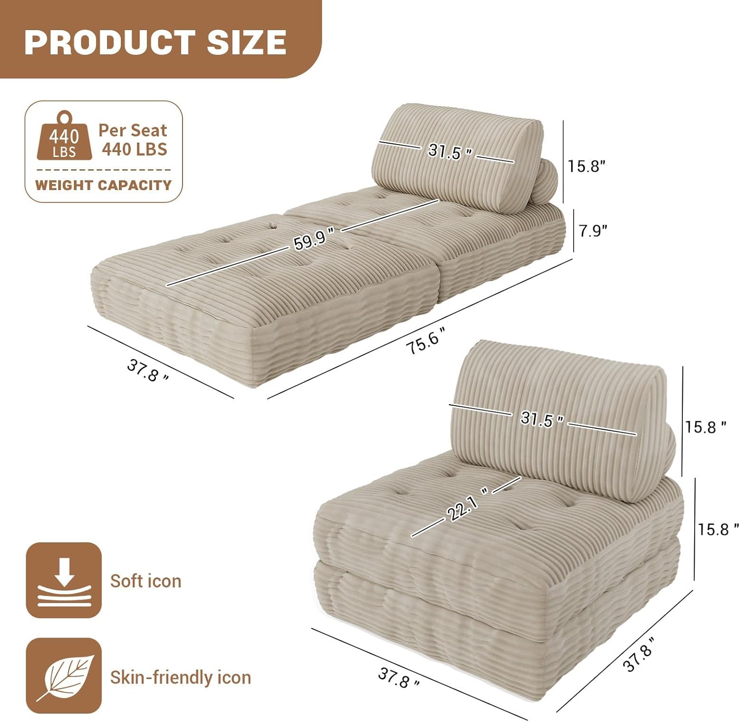 Folding Sofa Bed,Convertible Sleeper Chair,Gray Single Lounge Chair Bed with Pillow Foldable Mattress with Back Support,Portable Floor Couch for Living Room