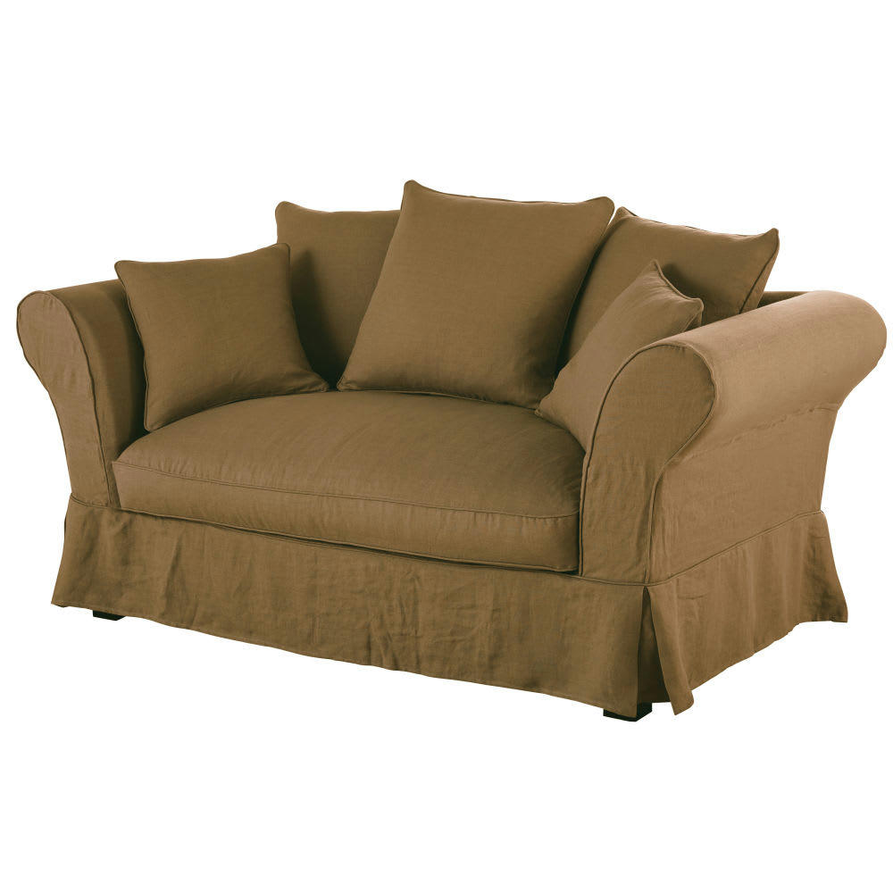 Roma - Housse de canapé 2 places en lin froissé marron havane