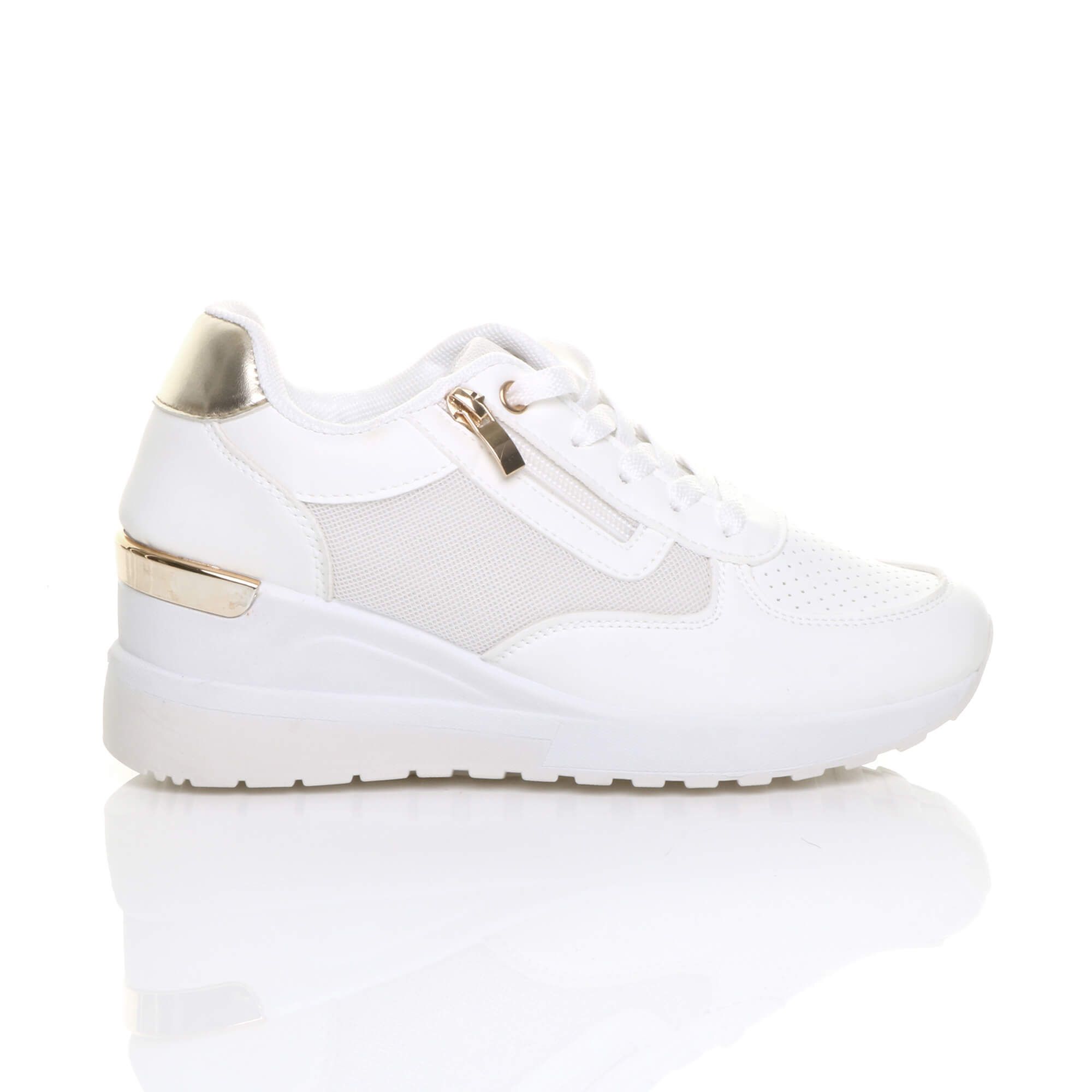 AJVANI Mid Wedge Heel Lace Up Gold Zip Trainers