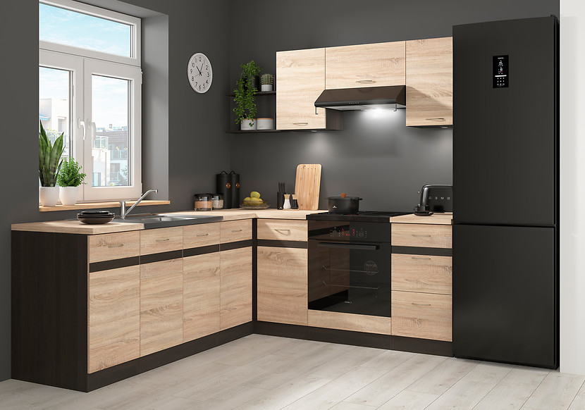 Komplet kuchenny narożny Junona Line 200x220 prawy dąb sonoma bez blatu