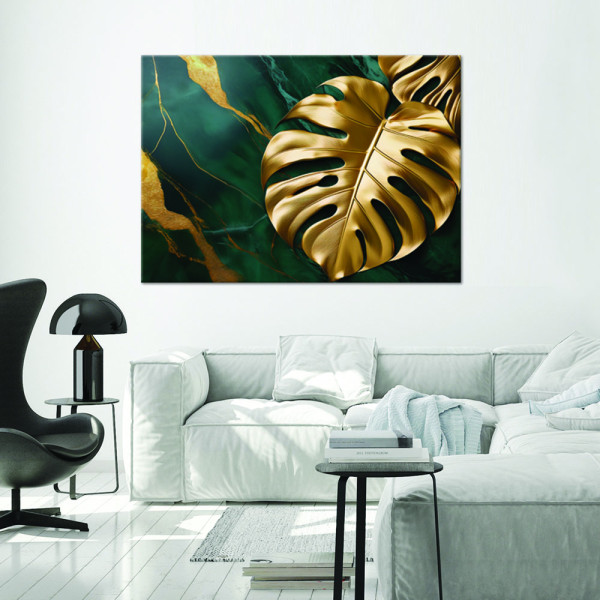 Feeby Obraz na płótnie, Monstera Złoty Liść Na Tle Zielonego Marmuru 60x40