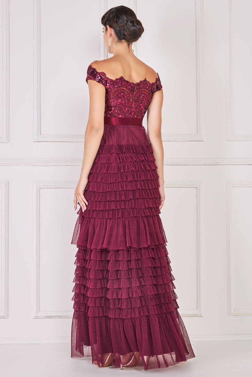 Goddiva Scallop Bardot Ruffle Mesh Maxi