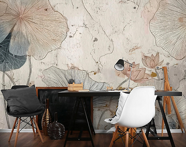 Papier Peint Panoramique Intissé Fleurs Béton Beige - 300x210 cm - Papier Peint Chambre et salon
