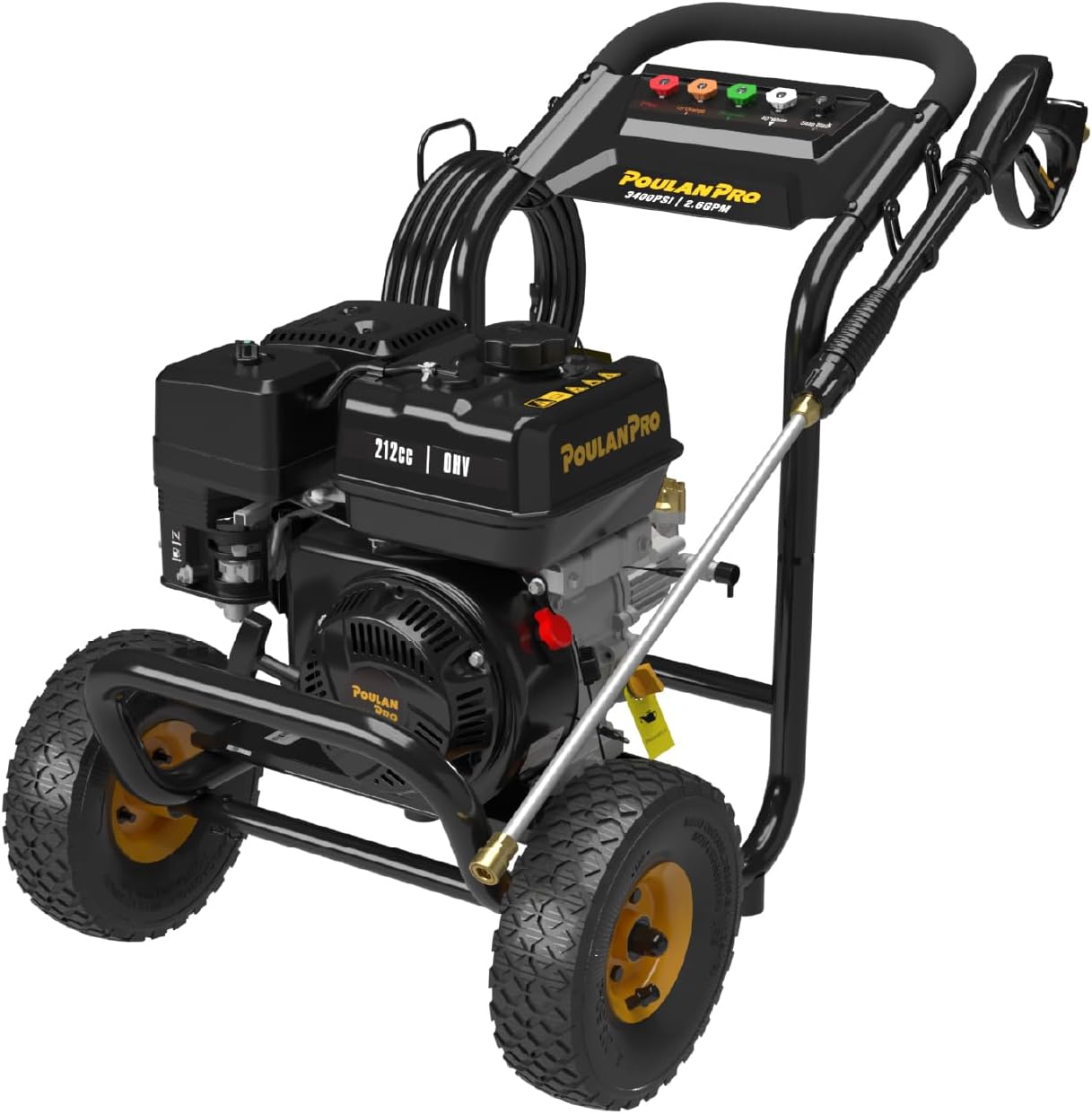 Poulan Pro Gas Pressure Washer  3400 PSI & 2.6 GPM  212cc 4-Cycle High Pressure Washer with 30ft Hose  21 Spray Lance  5 Nozzles for Cleaning Cars Driveways Patios Fences Furnitures