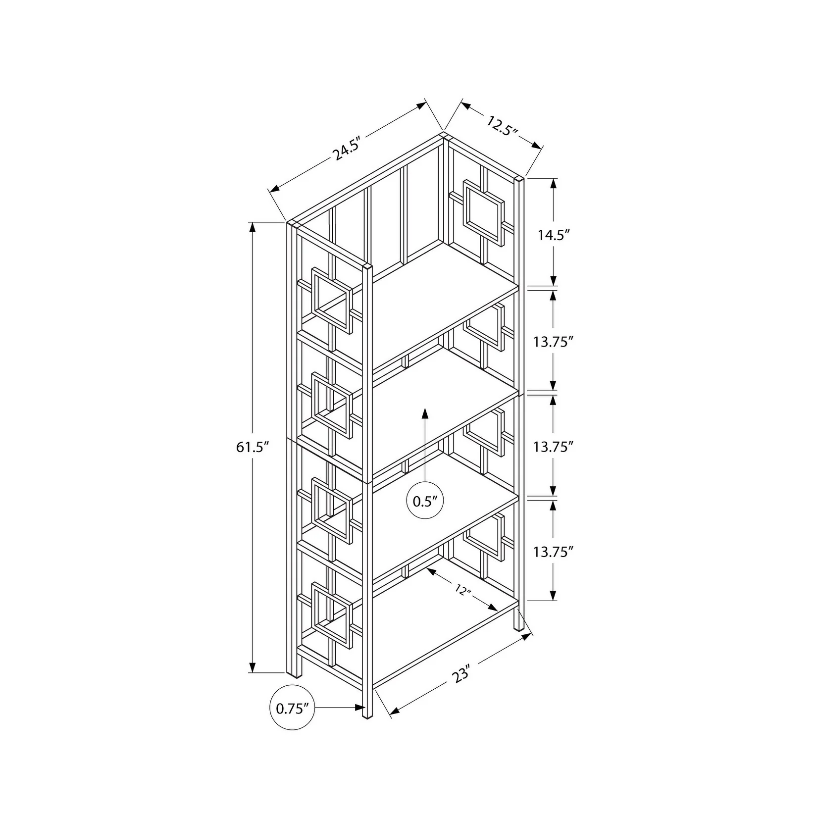 Bookshelf, Bookcase, Etagere, 4 Tier, 62h, Office, Bedroom, Laminate, Metal, Contemporary, Modern