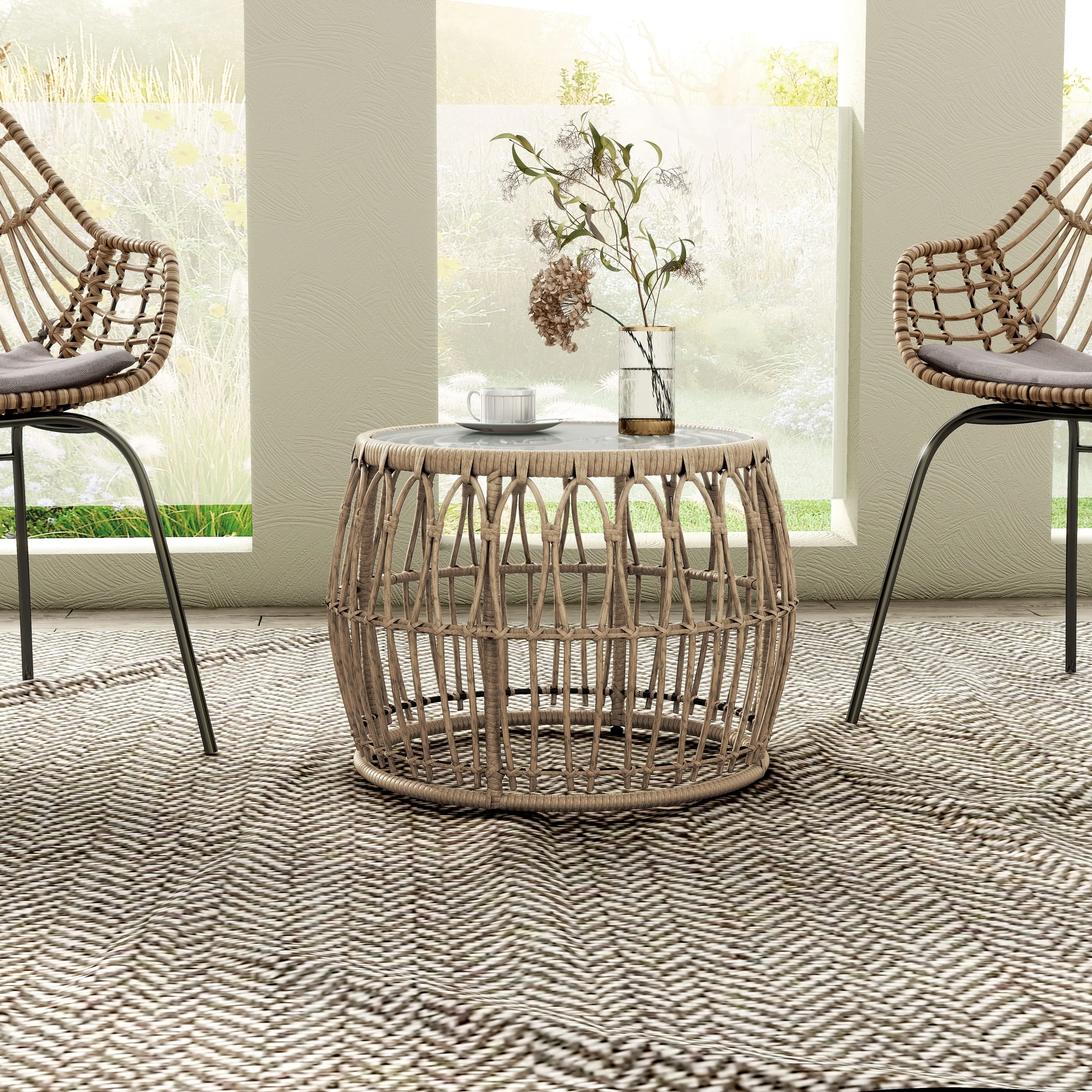 Hunter Boho Natural 22-inch Outdoor Patio Round Coffee Table with 5mm Tempered Glass Top by M&L Co.