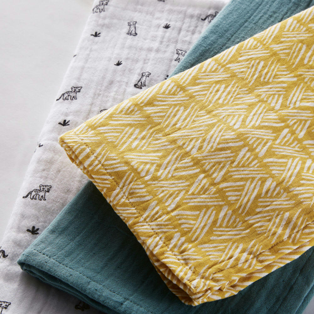 MINI JUNGLE - Langes bébé en gaze de coton vert, jaune moutarde et blanc (x3)
