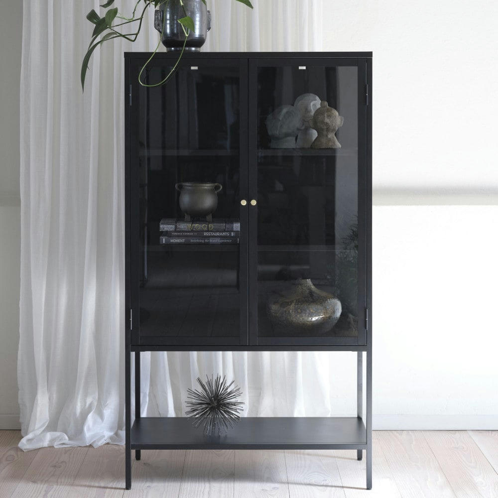 ADARE - Buffet haut 2 portes en verre trempé et métal H160cm noir