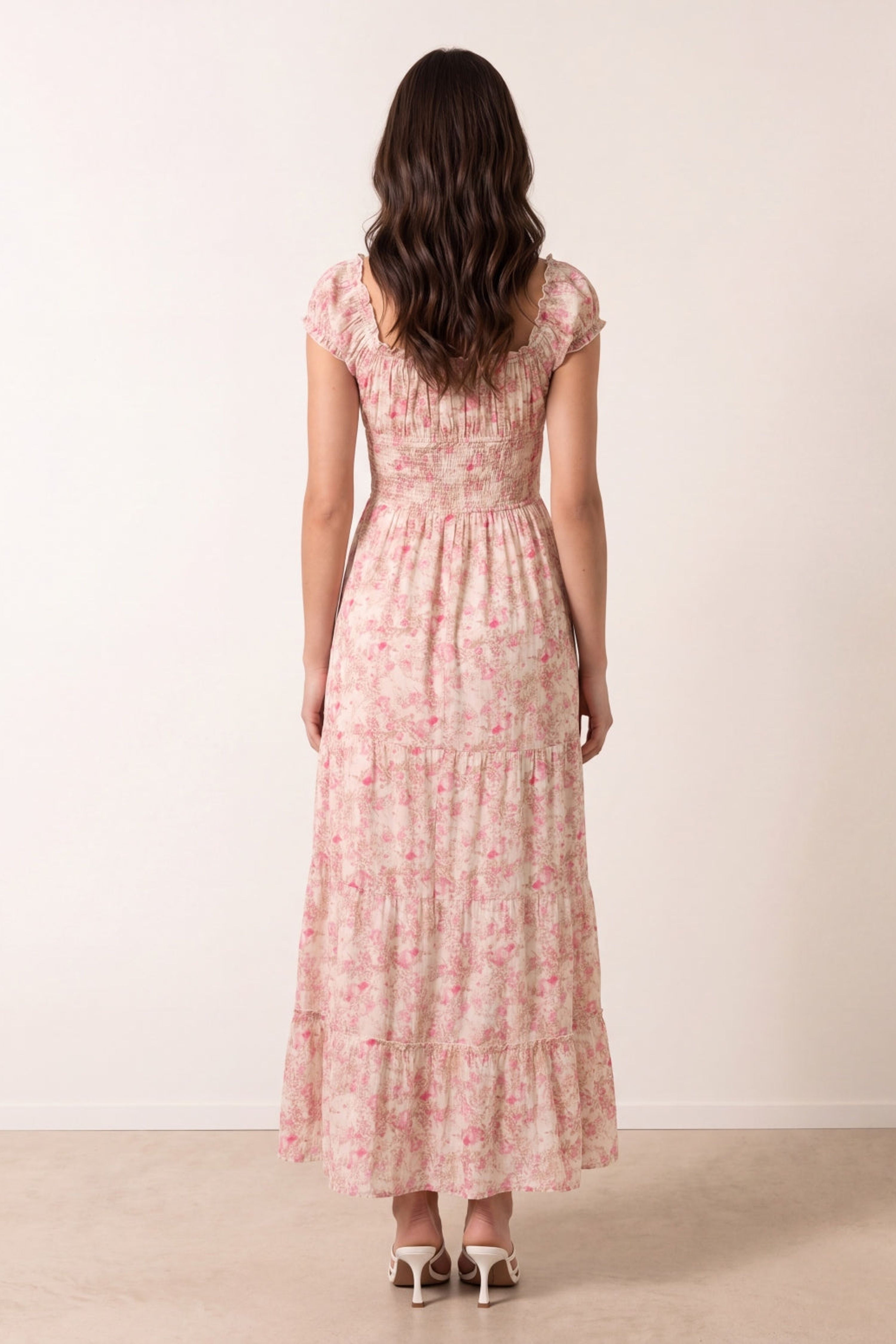 Blue Vanilla Pink Double Front Tie Shirred Ditsy Floral Maxi Dress