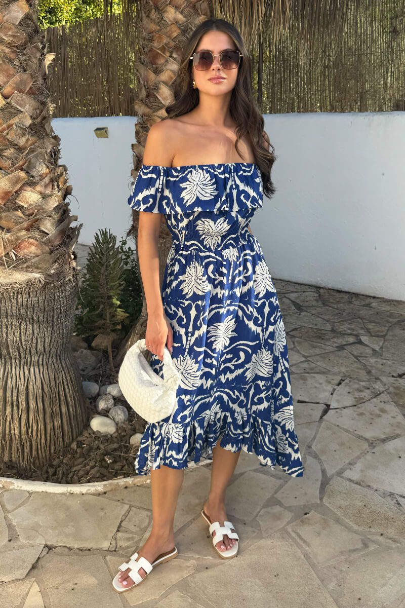 AX Paris Blue Palm Tree Print Bardot Frill Hem Midi Dress
