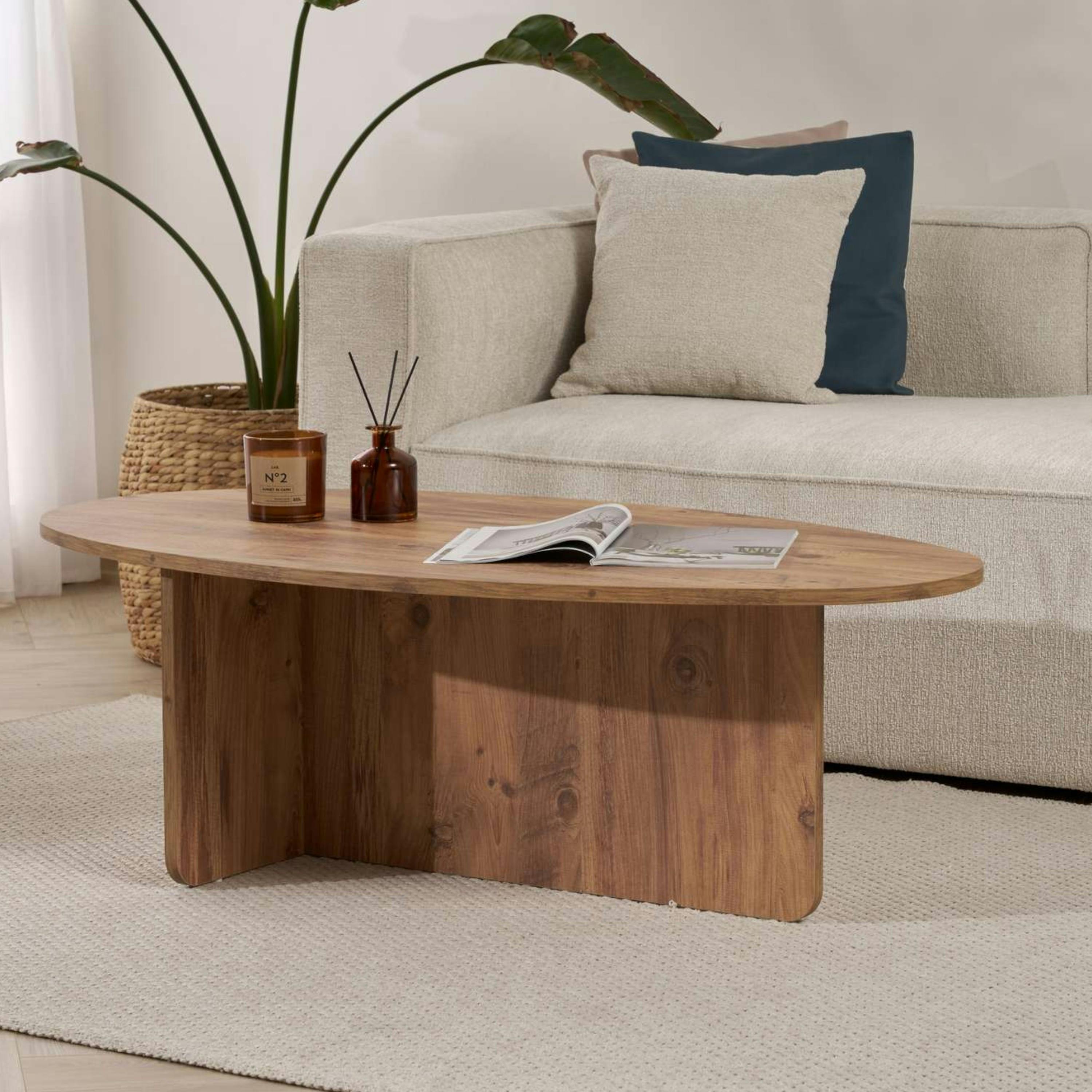 Table basse moderne ovale effet pin – pied en T MARFA