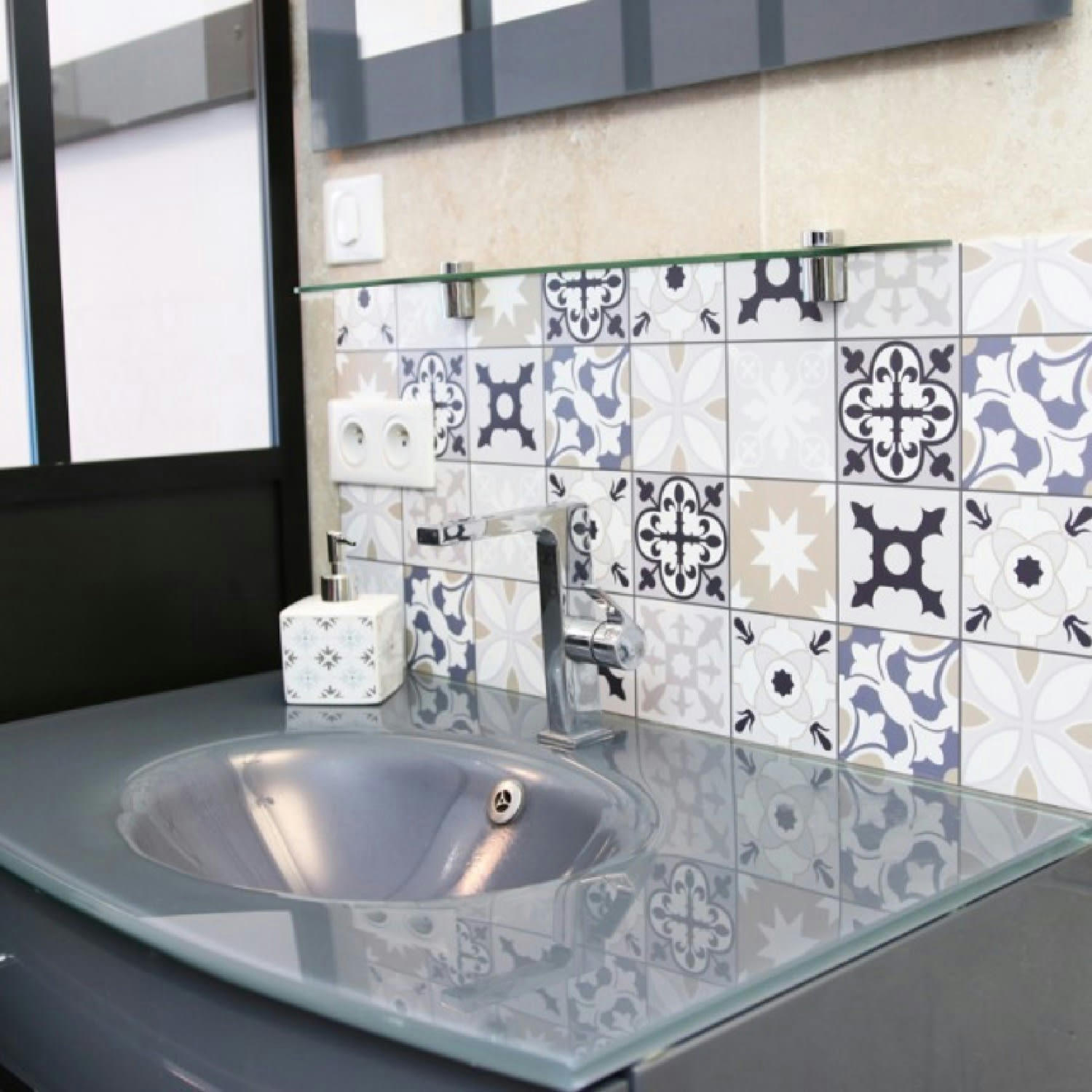 TENDANCE CIMENT SABLE BLEU - Bandeau PVC lot de 2 : L 70cmxH 30cm Multicolore Carreaux de ciment