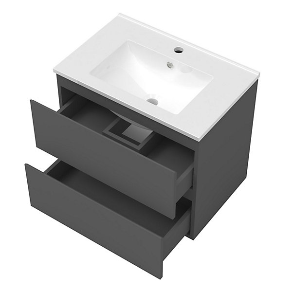 Ensemble meuble Salle de Bain 50cm Anthracite simple vasque   miroir lumineux rond