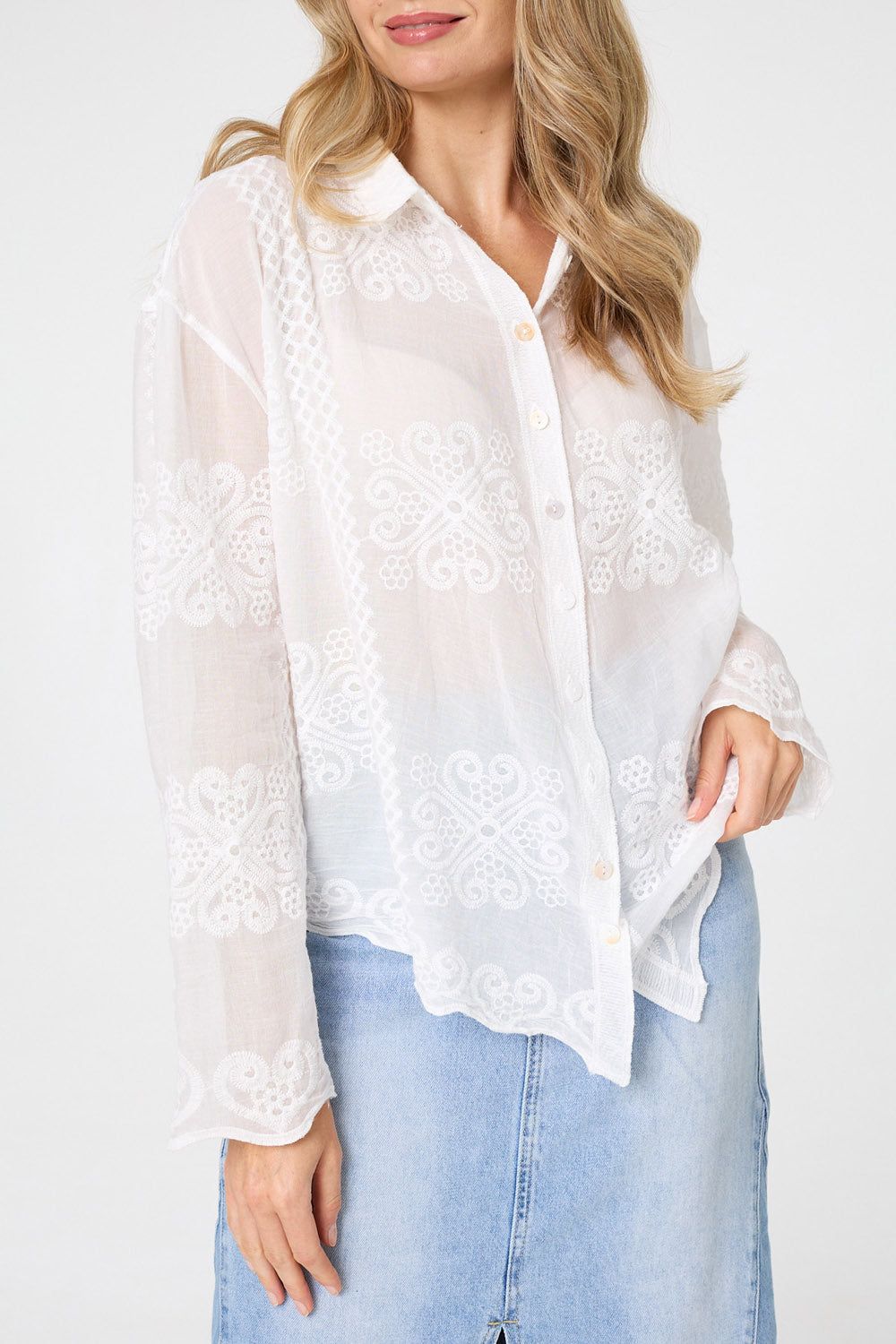 Izabel London Embroidered Textured Long Sleeve Shirt