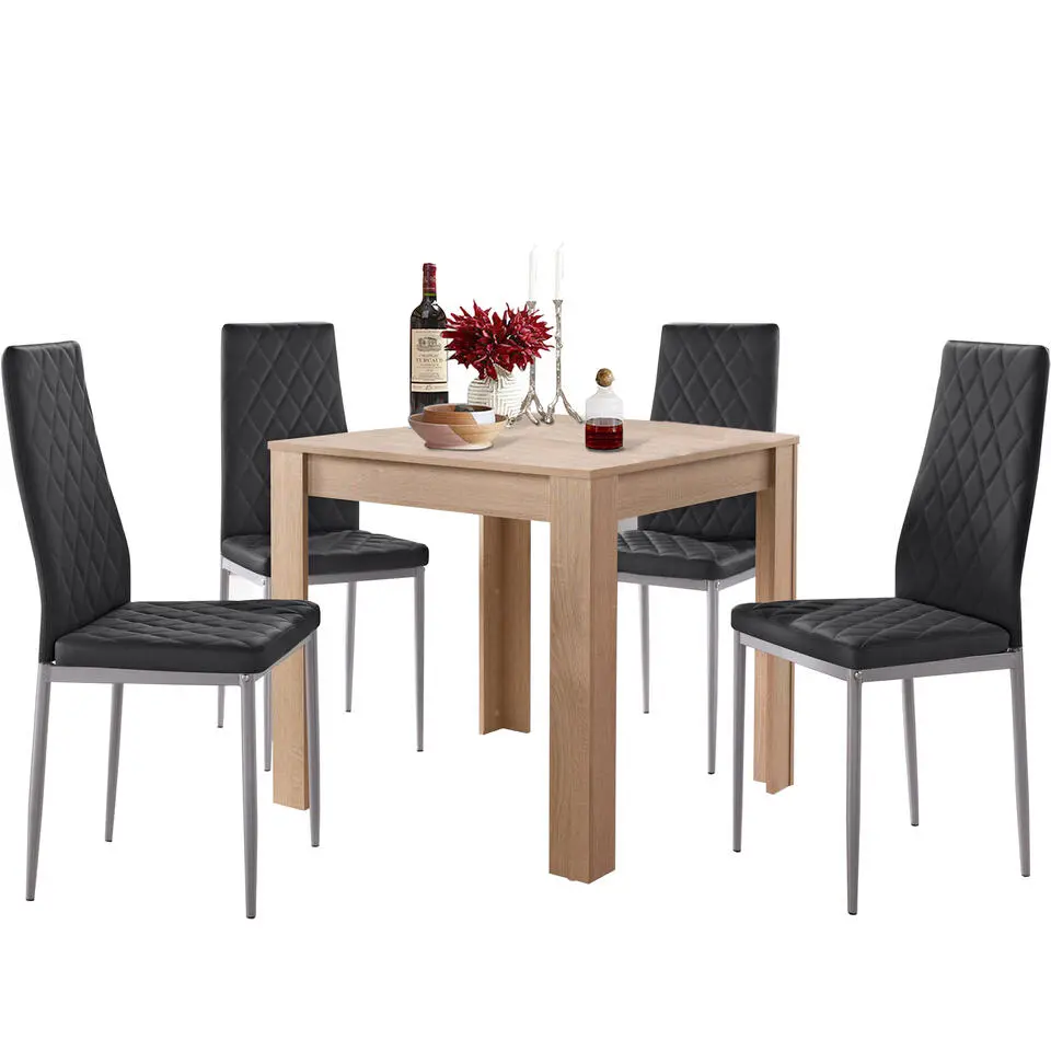 Lynn & Brooke - Set eettafel 80x80 cm en 4 zwarte stoelen