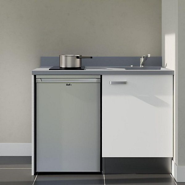 Kitchenette K08 - 120 cm - façades Blanc - Plan monobloc en quartz coloris Cromo évier à droite - Electroménager Inox