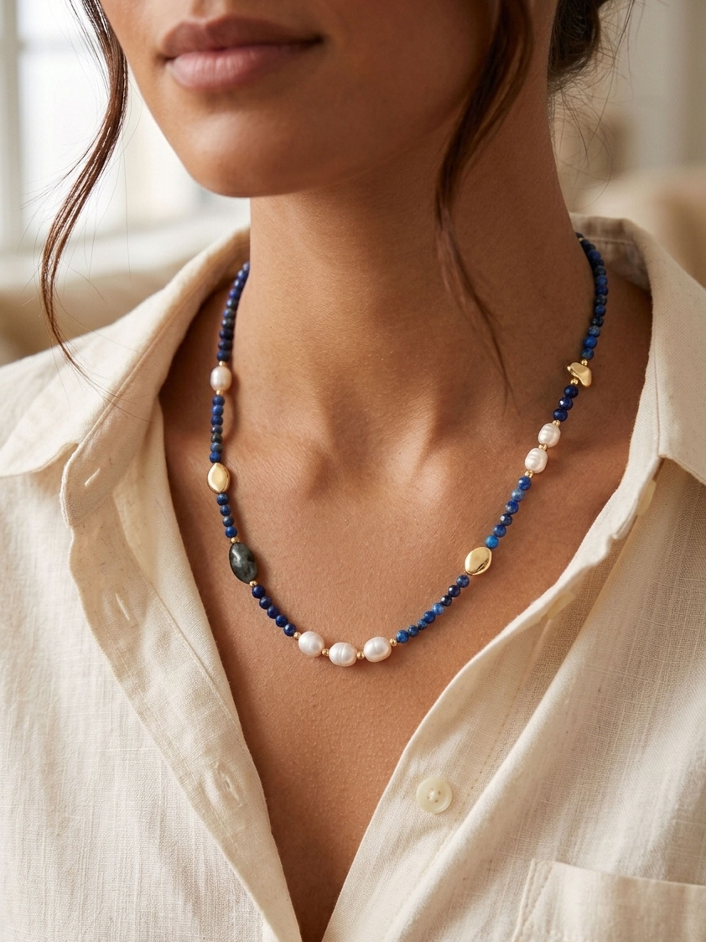 Jon Richard Lapis and Pearl Beaded Necklace